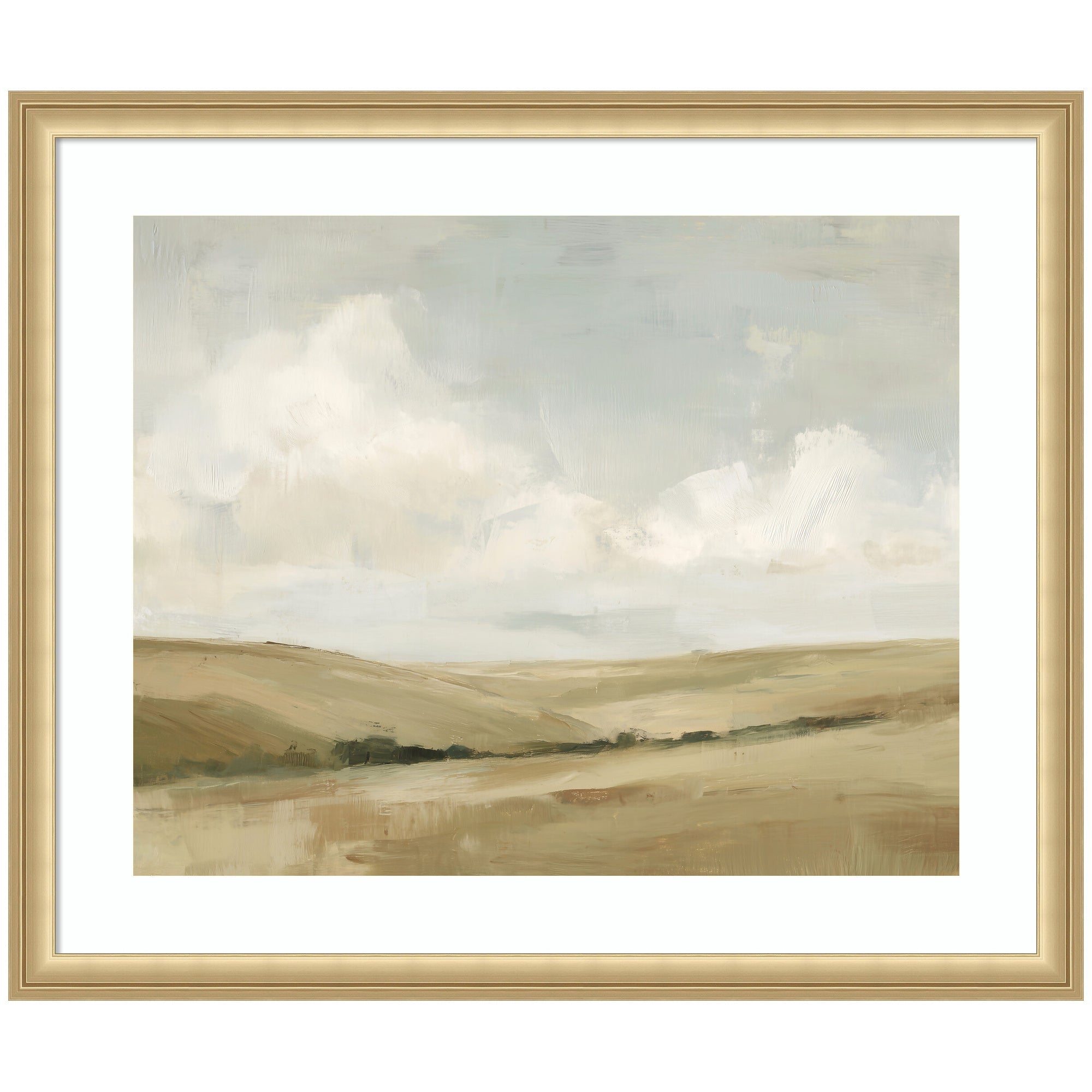 Whispering Meadows II framed wall art print showing a landscape with meadows and hills in soft muted colors