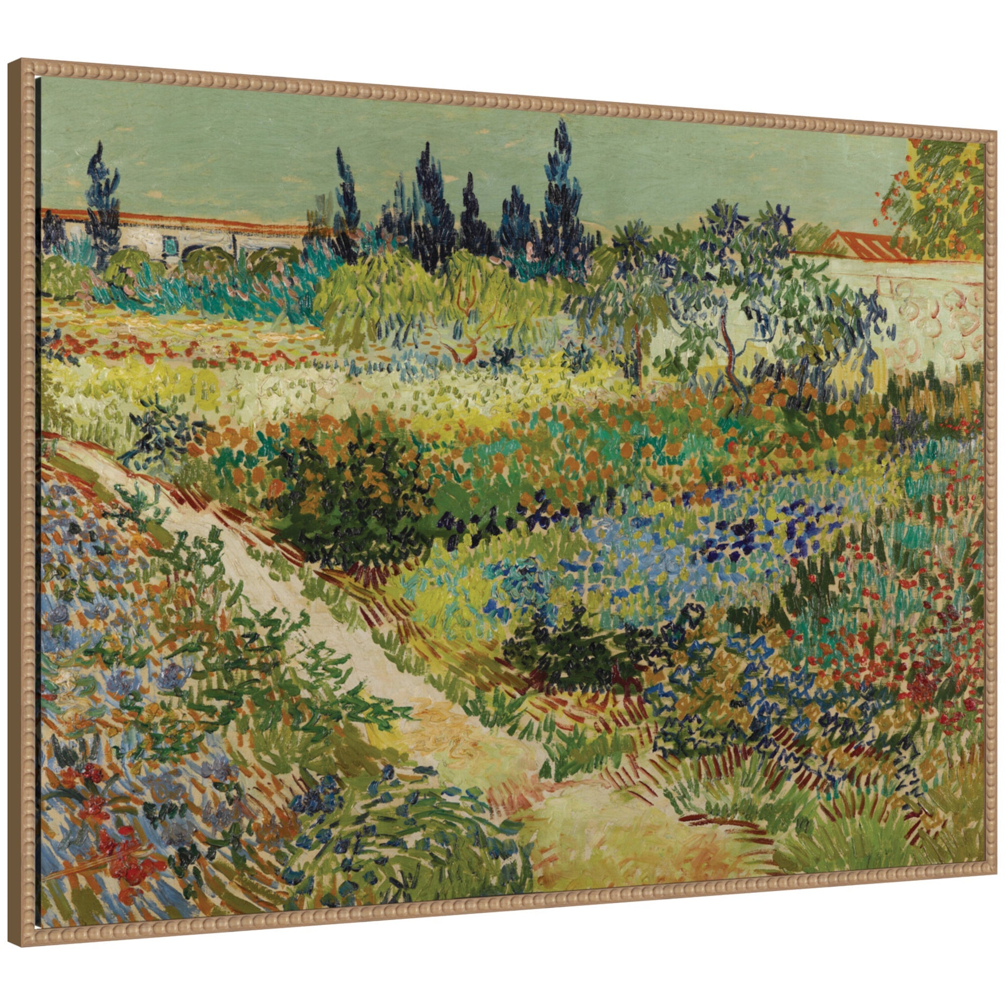 Framed canvas wall art print titled 'Garden at Arles by Vincent van Gogh' with a Sylvie Beaded Rustic Natural frame.