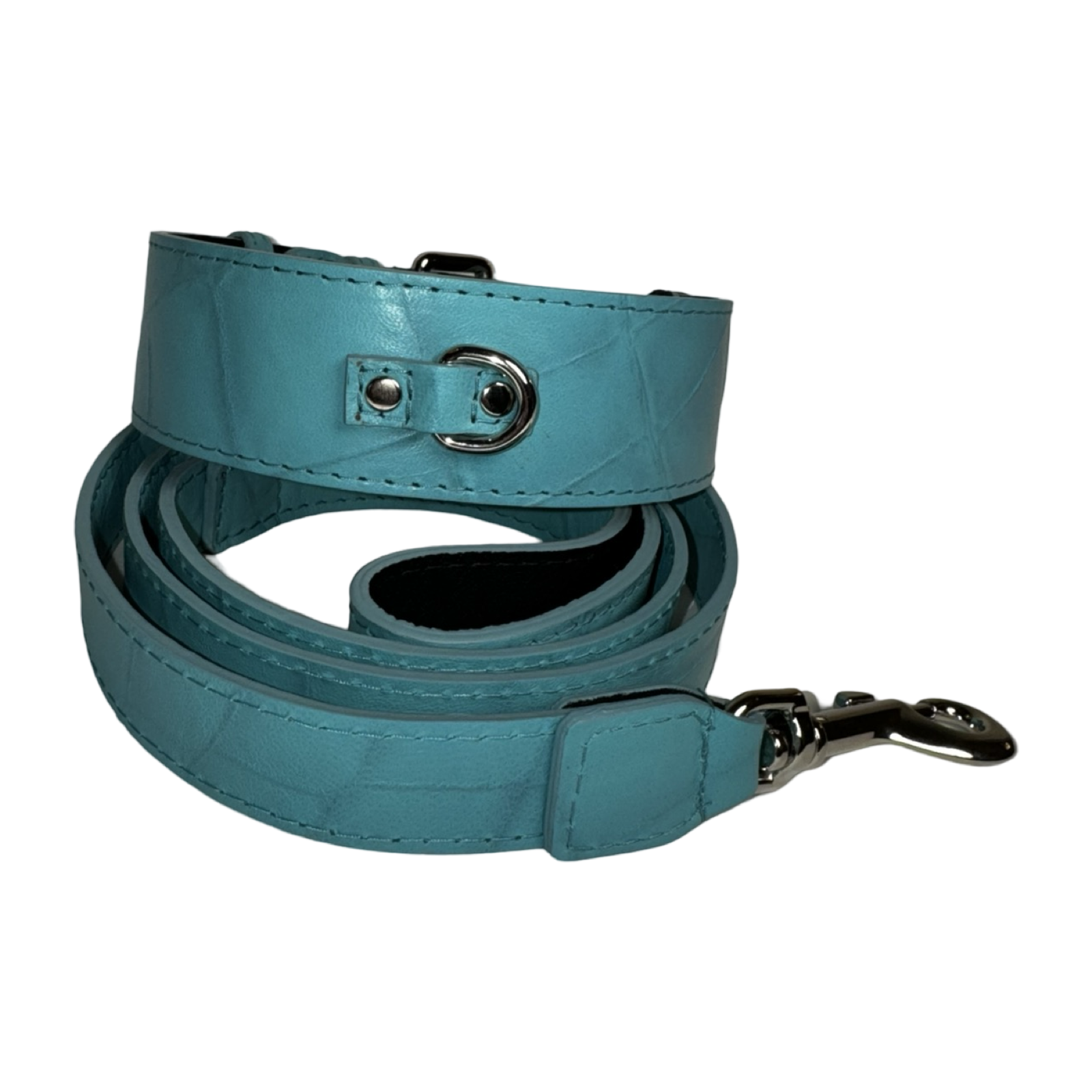 The Tiffany Collection. Gorgeous Turquoise Blue Embossed Croc Italian Leather Collar & Leash Set, With Our Classic Silver Hardware.