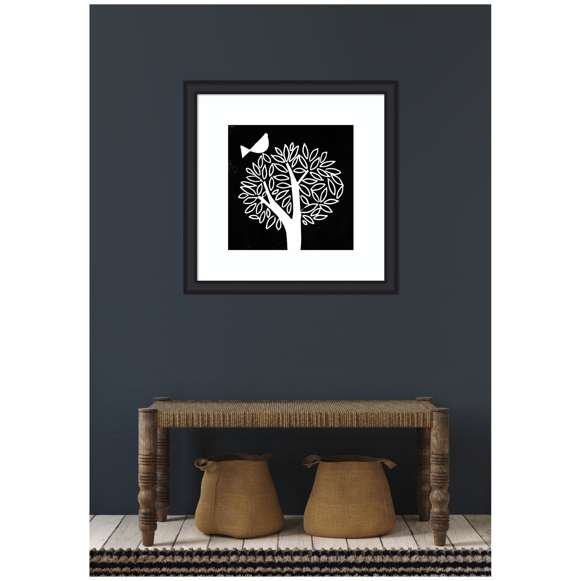 Framed Art Black and White Bird Tree Linocut by Giuliana Lazzerini