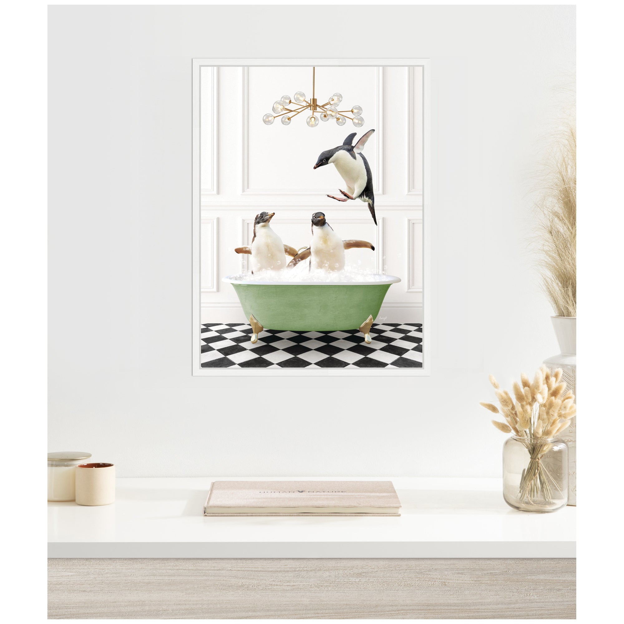 Sylvie Penguins in Green Bathtub Checker Floor Framed Canvas by Amy Peterson