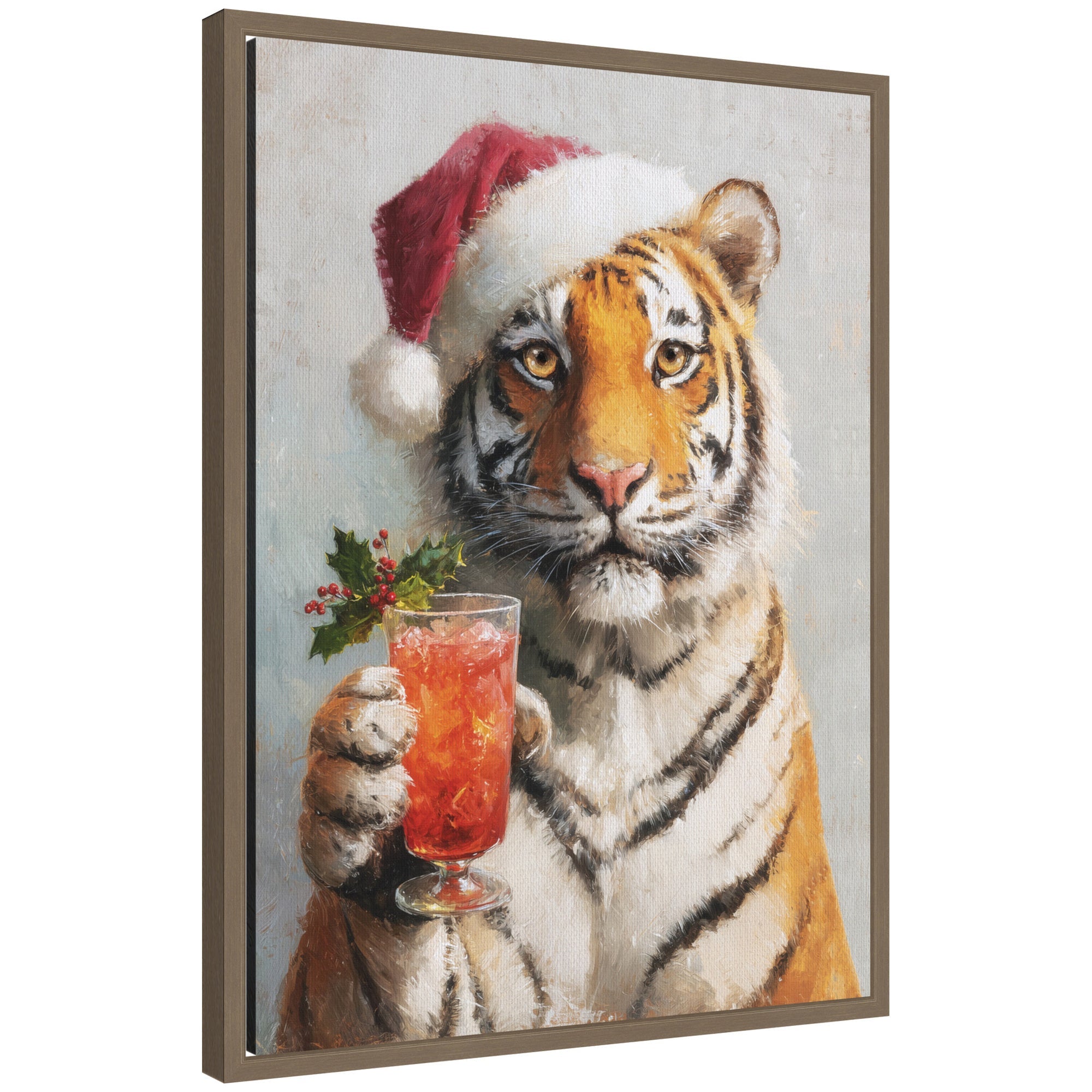 Framed canvas print of tiger wearing Santa hat holding red cocktail with holly leaves