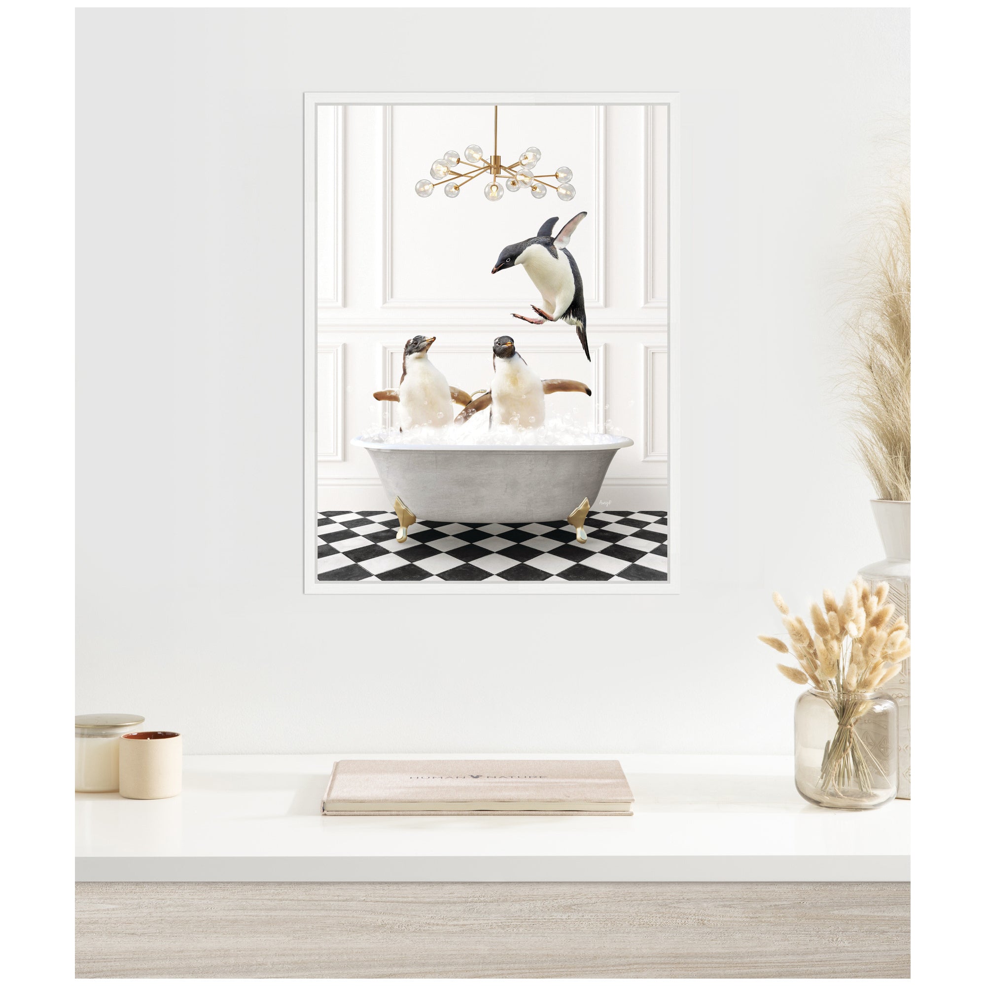 Sylvie Penguins in Lux Bathtub Framed Canvas by Amy Peterson