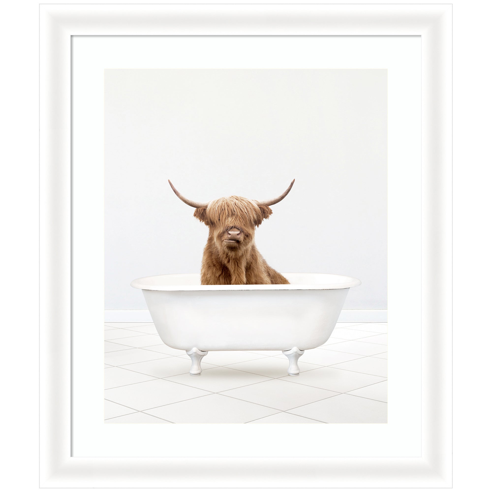 Framed wall art print depicting a Highland cow in a solo bathtub, by Amy Peterson.