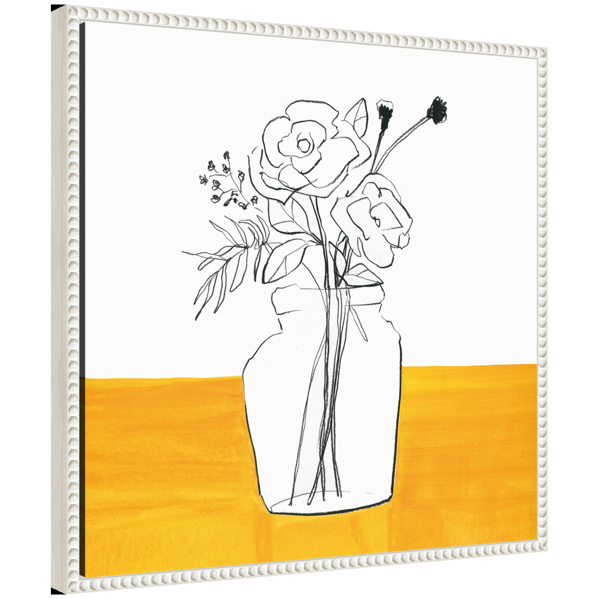 Framed canvas art featuring minimalist floral vase on yellow table by Teju Reval