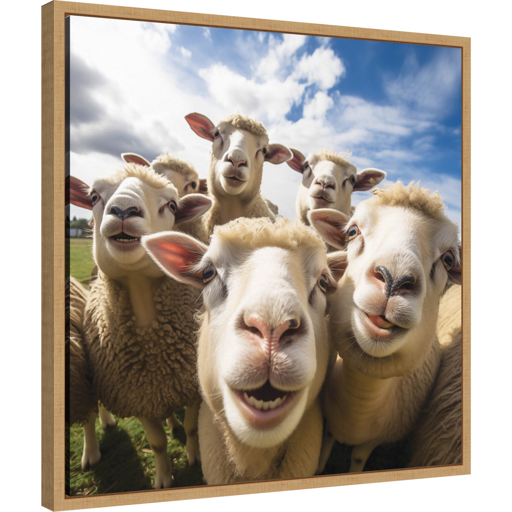 Funny Lamb Selfie framed canvas art showing a whimsical lamb portrait