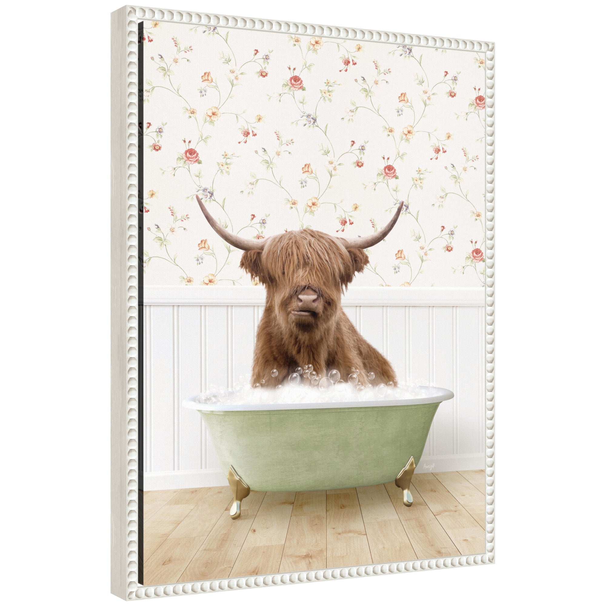 Framed canvas art depicting Sylvie Highland Cow in a cottage farm bath by Amy Peterson