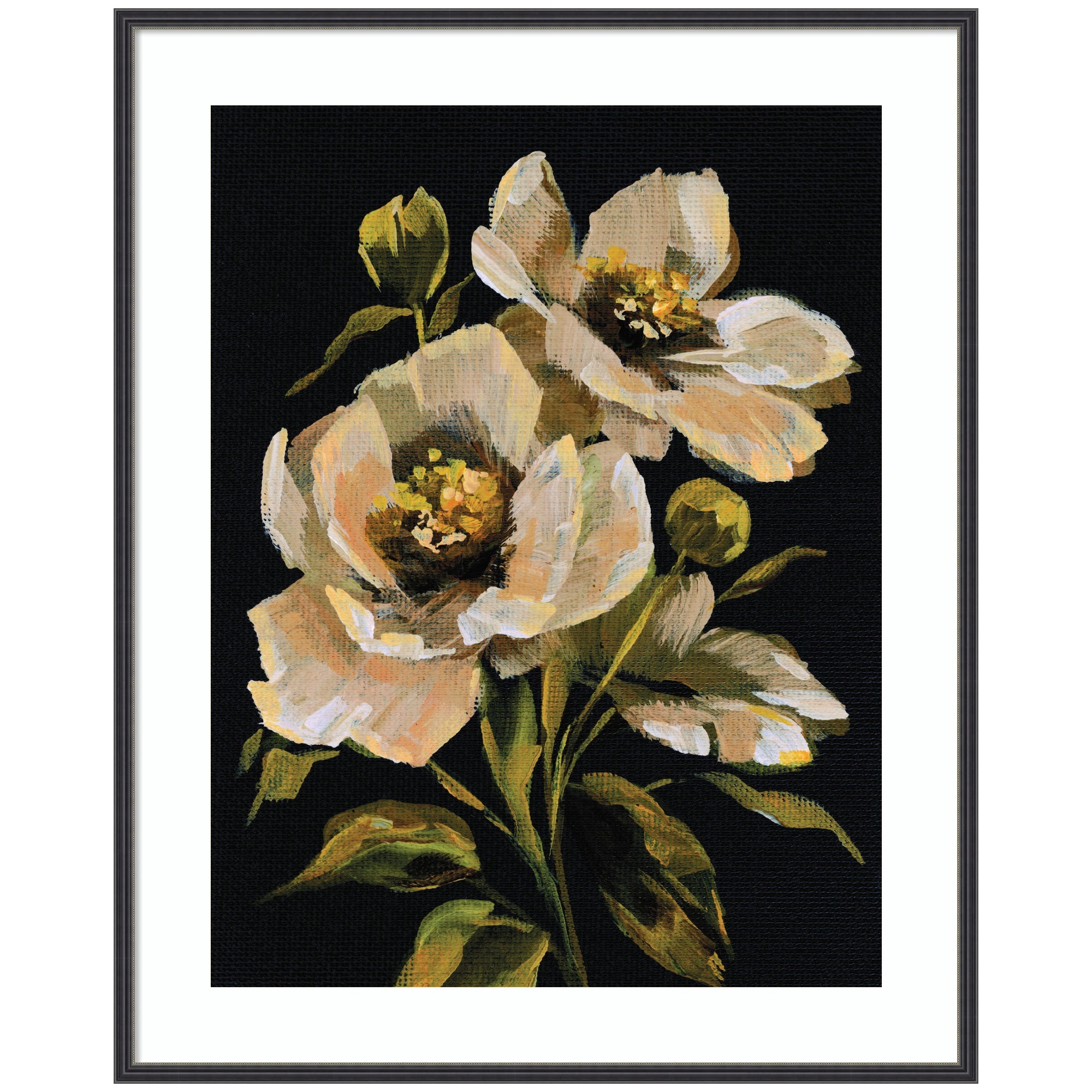 Framed Art Moody Floral 8 by Annie Quigley showing pale flowers on dark background in black narrow frame