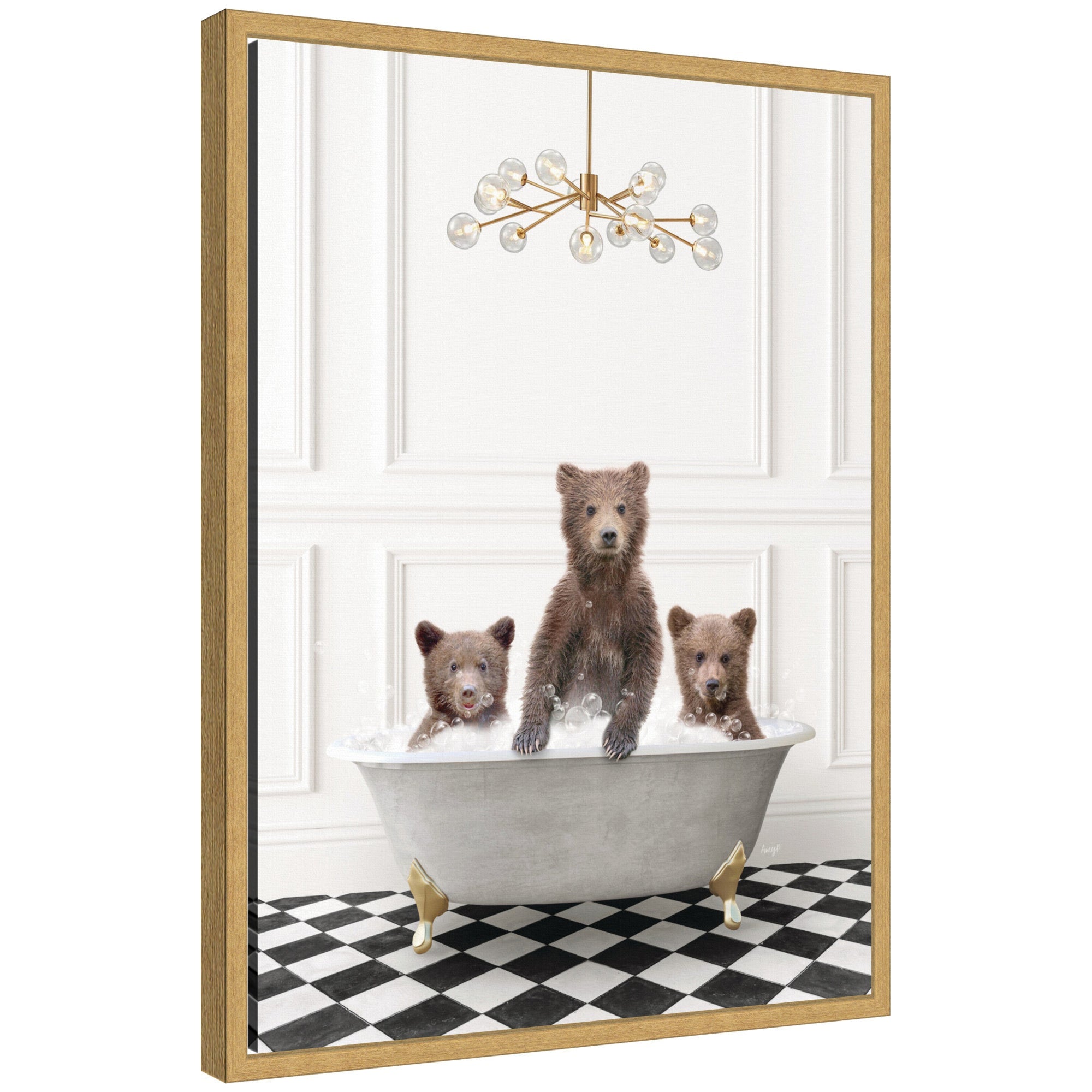Framed floating canvas art showing three bears in gray bathtub on black and white checker floor by Amy Peterson