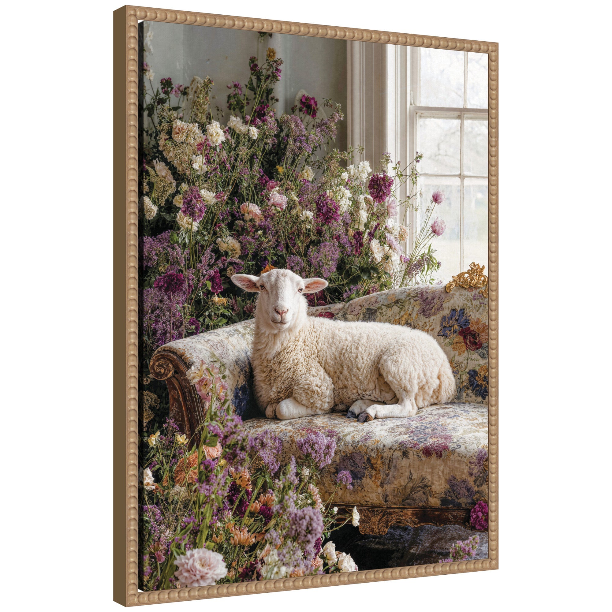 Framed canvas art titled Cute Sheep in Romantic Flowers by Michael Schauer showing a sheep among pink and orange flowers in a beaded rustic natural frame