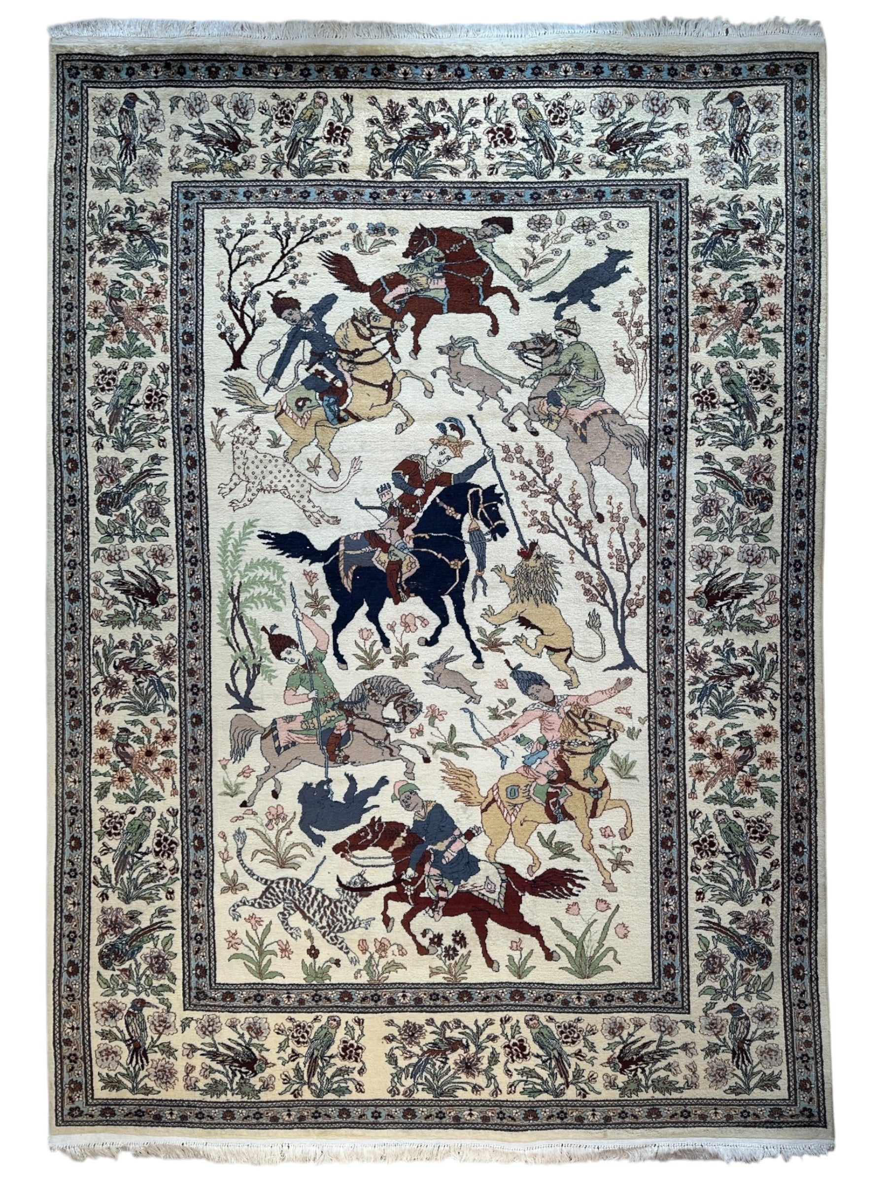 Hand-Knotted Lahore Hunting Scene Wool Rug – 8’ x 11’3” – Vintage 1950s by Rugistan - main product image for Resin Society