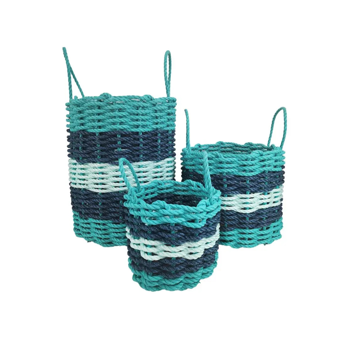 Five Stripe Rope Storage Basket in teal, navy blue, and seafoam colors, shown in three sizes