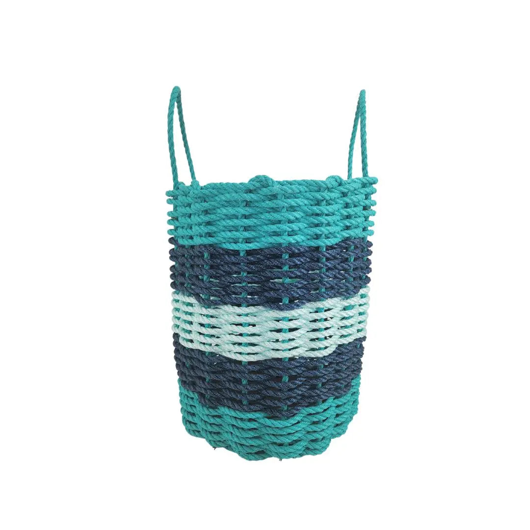 Five Stripe Rope Storage Basket in teal, navy blue, and seafoam colors, shown in three sizes