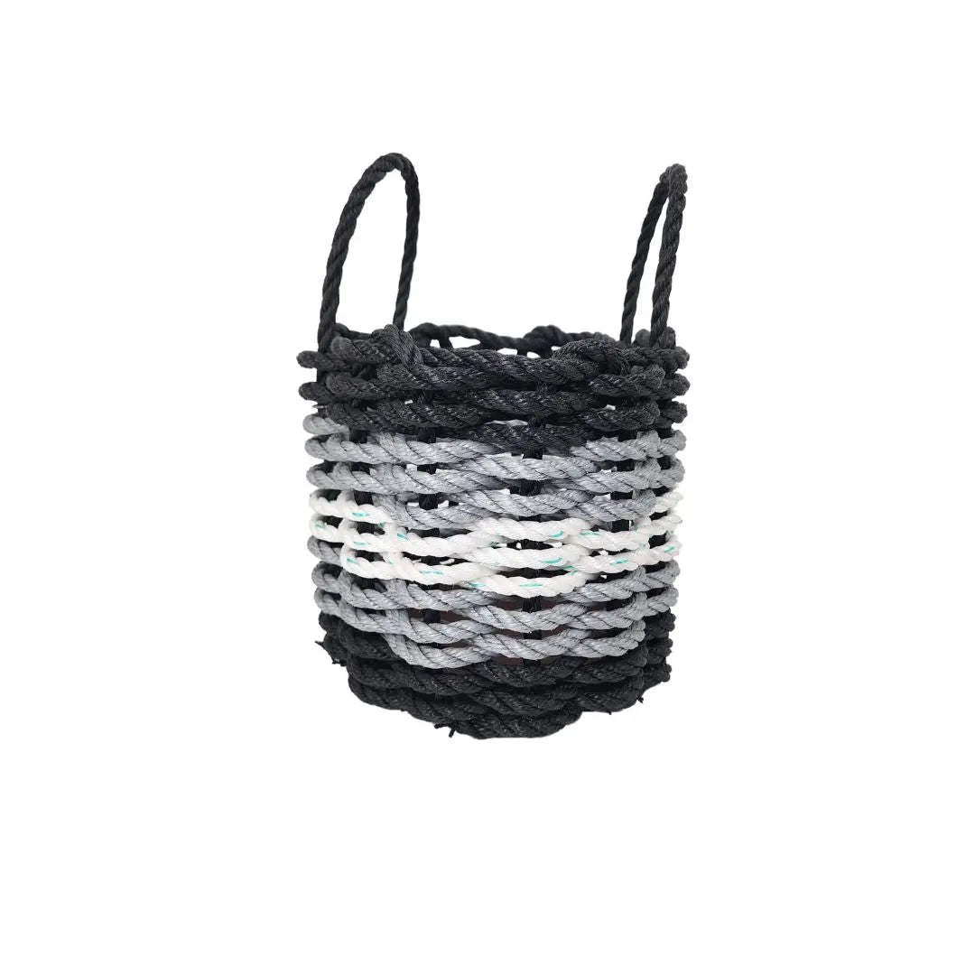 Five Stripe Rope Storage Basket in black, gray, and white stripes, shown in multiple sizes