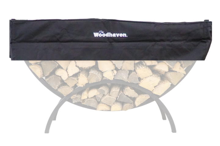 Woodhaven Short Firewood Rack Seasoning Cover in black on a firewood rack