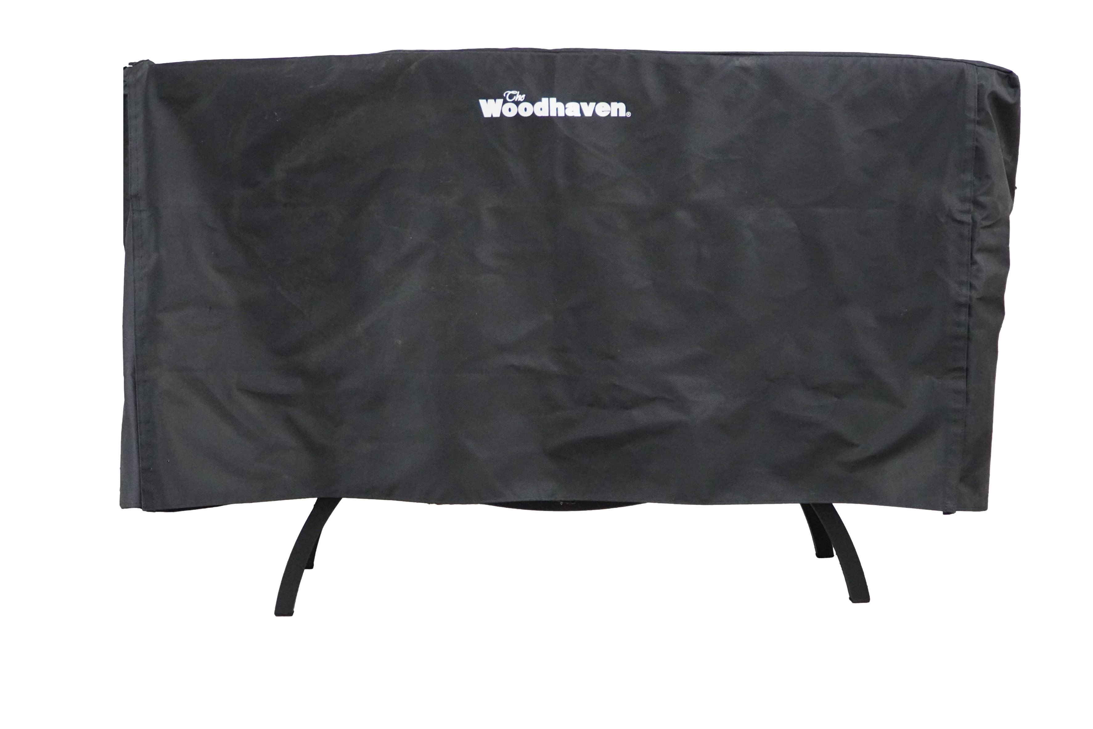 Woodhaven Full Firewood Rack Cover on firewood rack in outdoor setting