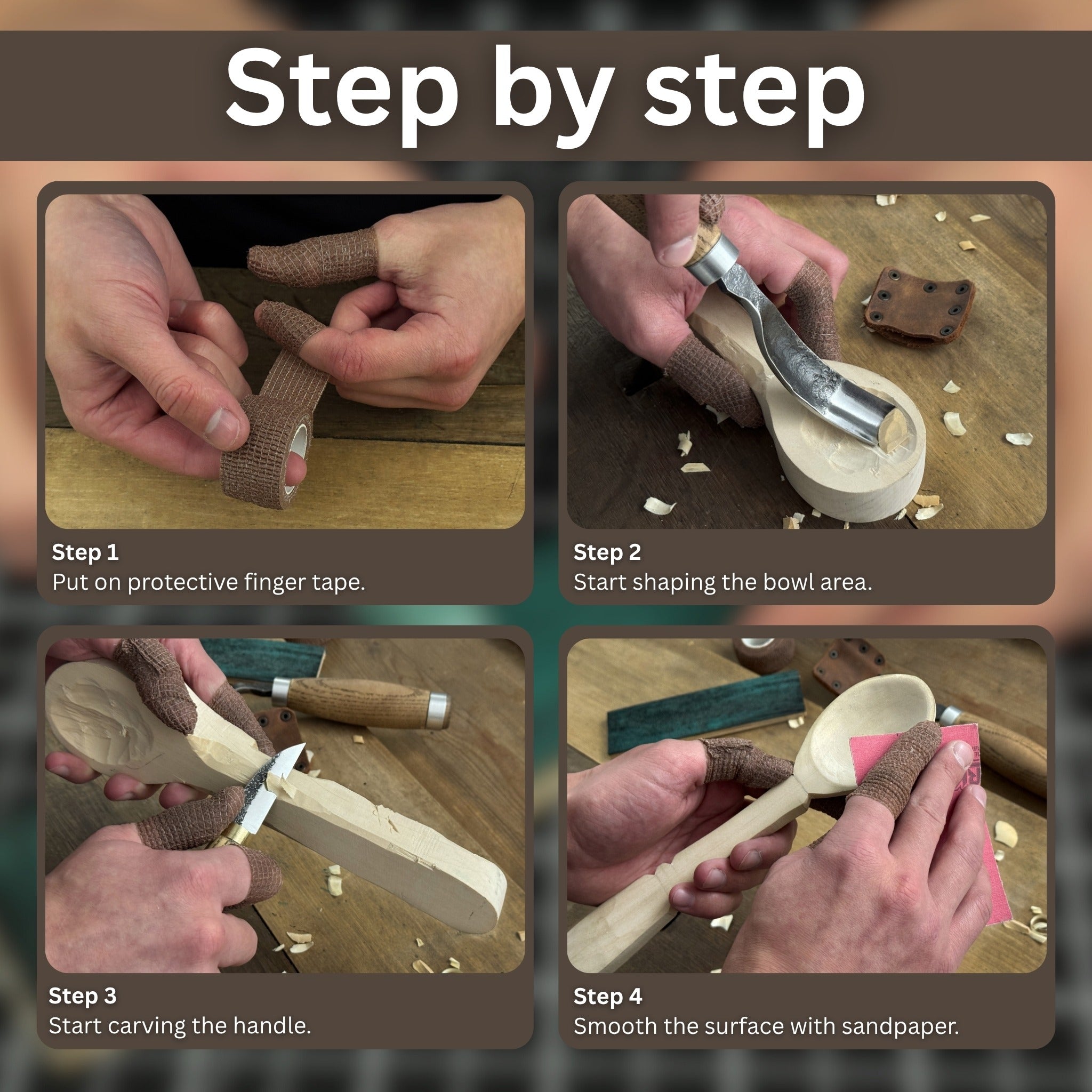 Complete Spoon Carving Kit with bent gouge, whittling knife, wooden blank, sandpaper, sharpening board, pencil, and finger wrap
