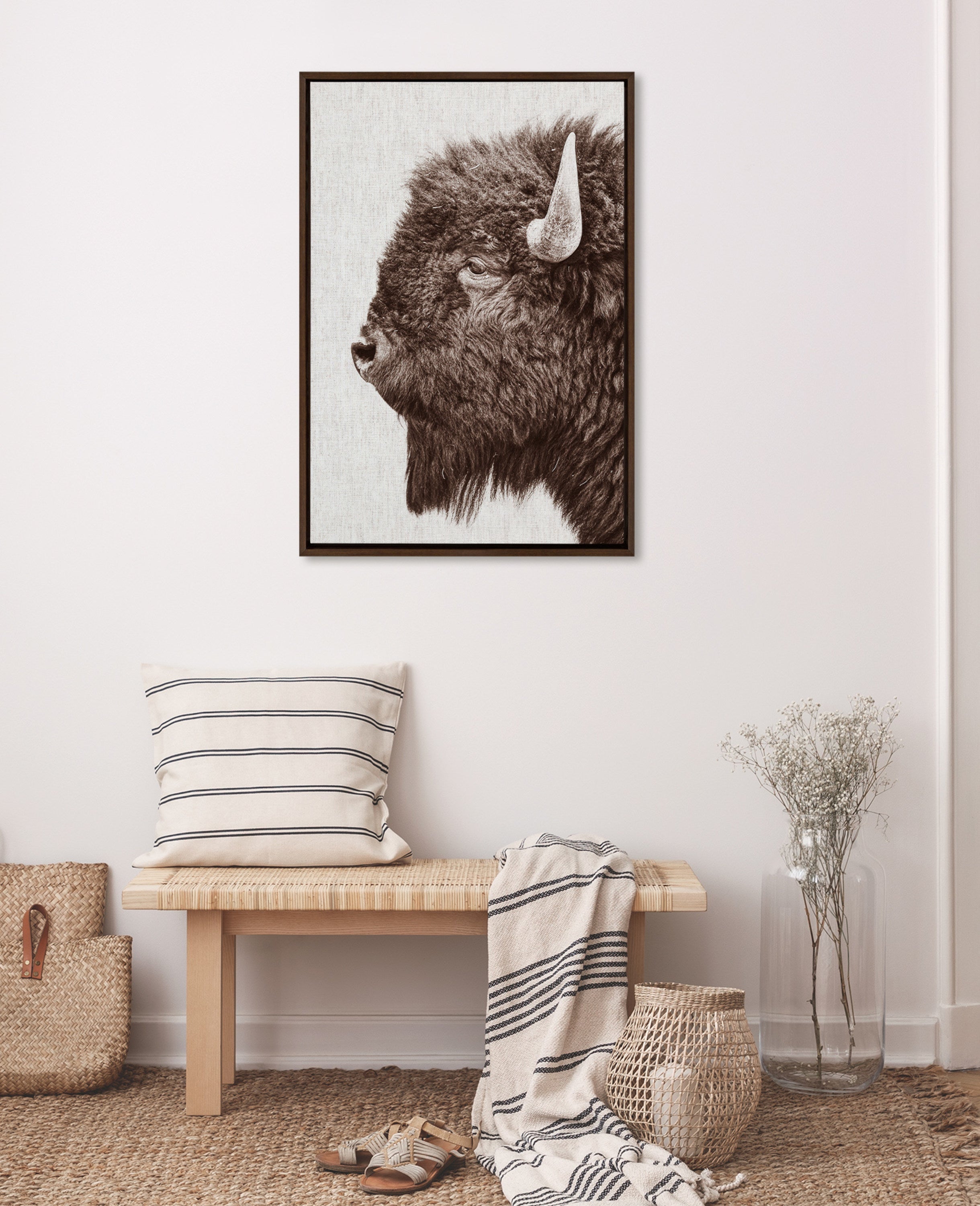Sylvie Bison Profile Woven Neutral Linen Framed Canvas by Amy Peterson Art Studio