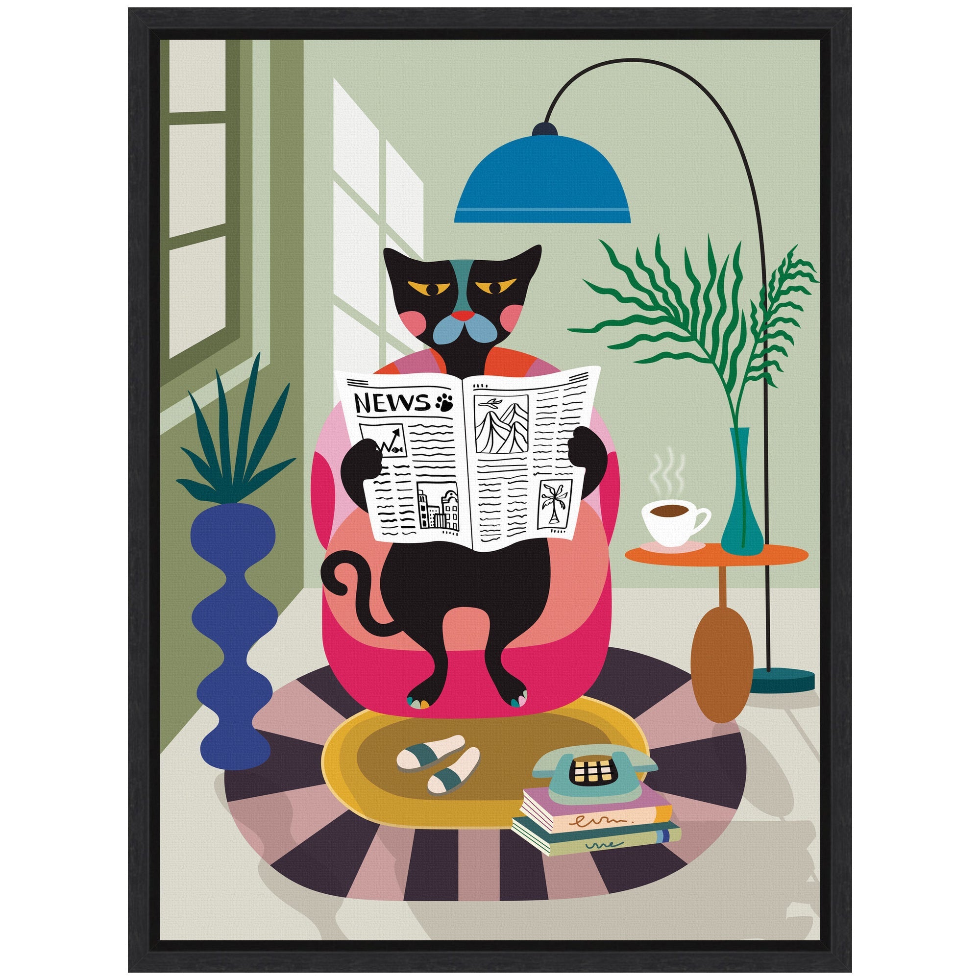 Sylvie Black Cat Reading Newspaper Framed Canvas by Rachel Lee