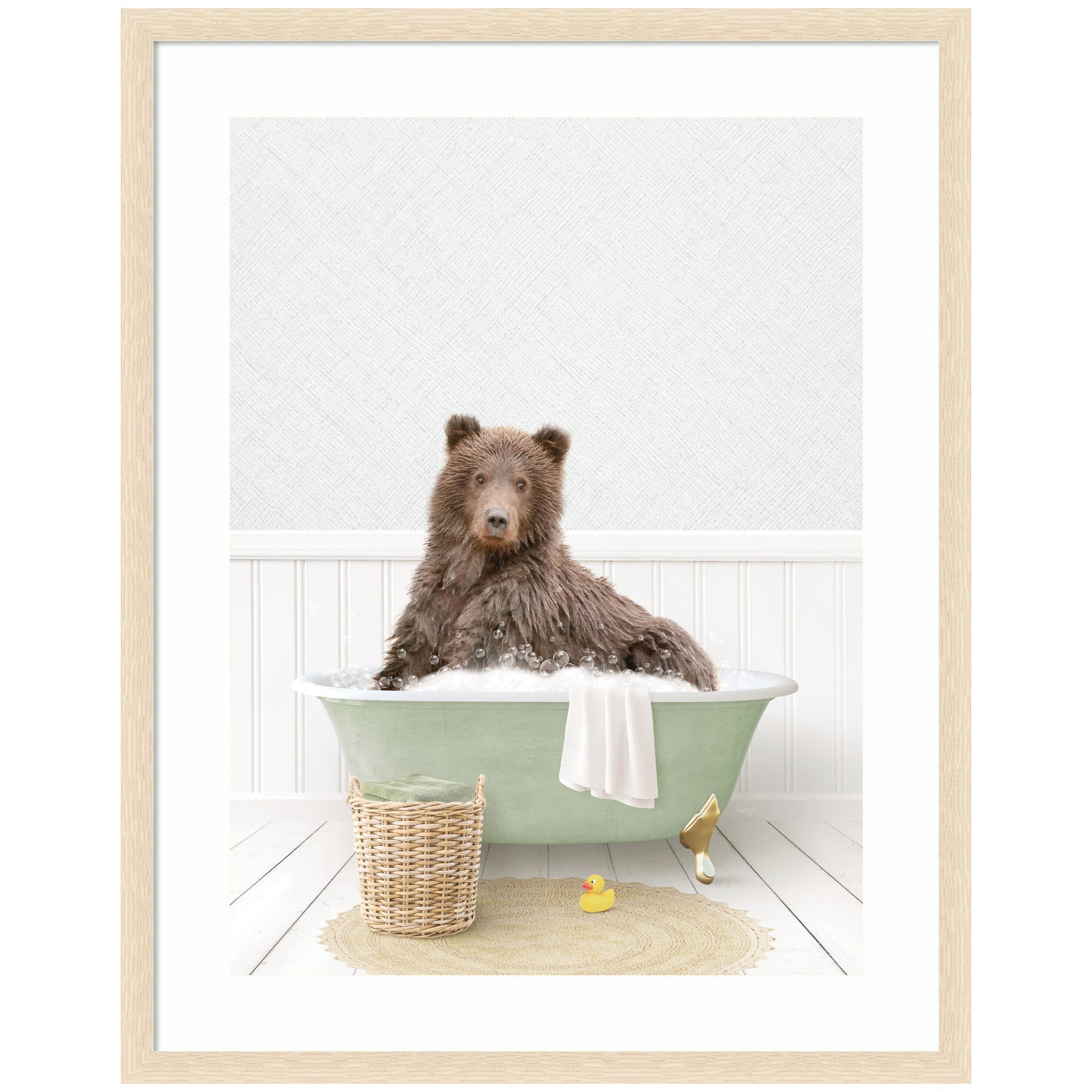 Bear in Cottage Green Bath by Amy Peterson Framed Wall Art Print