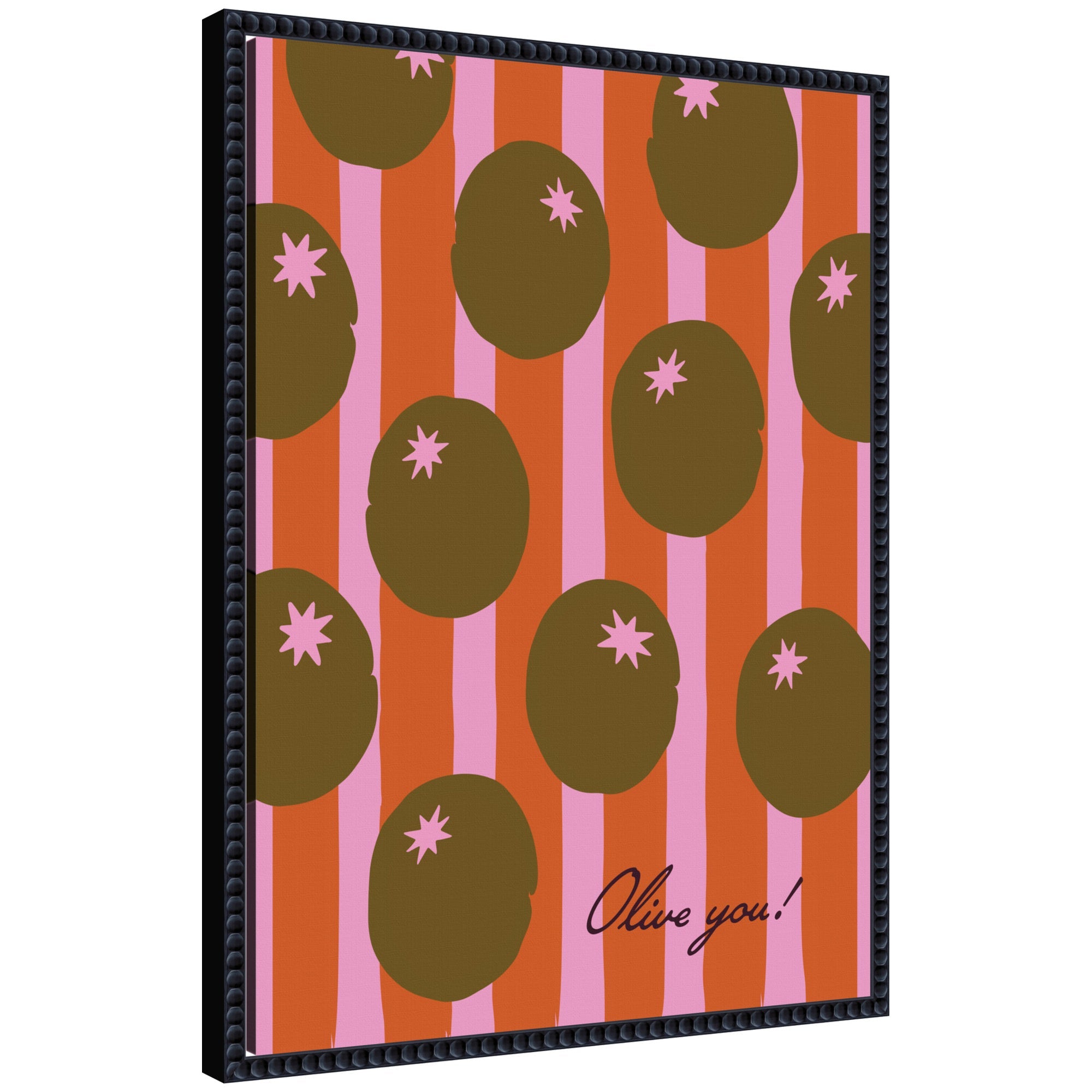 Framed canvas wall art showing olive and pink stripes by Lucky Guava in a black beaded Sylvie frame