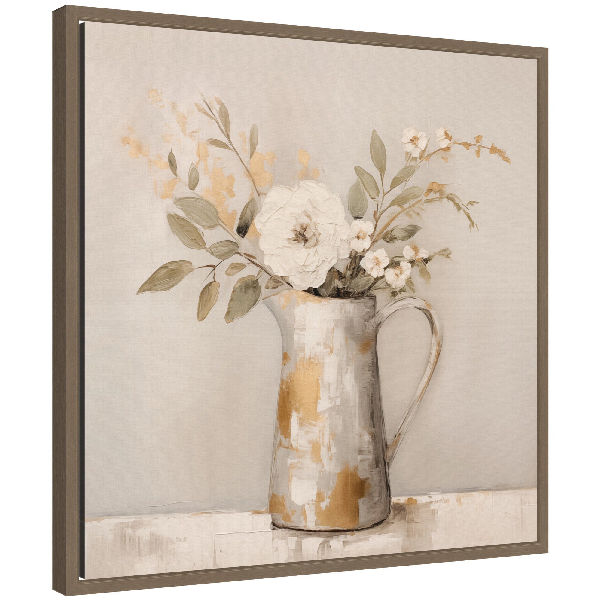 Framed canvas art depicting a still life of a gold pitcher with flowers against a boho country background