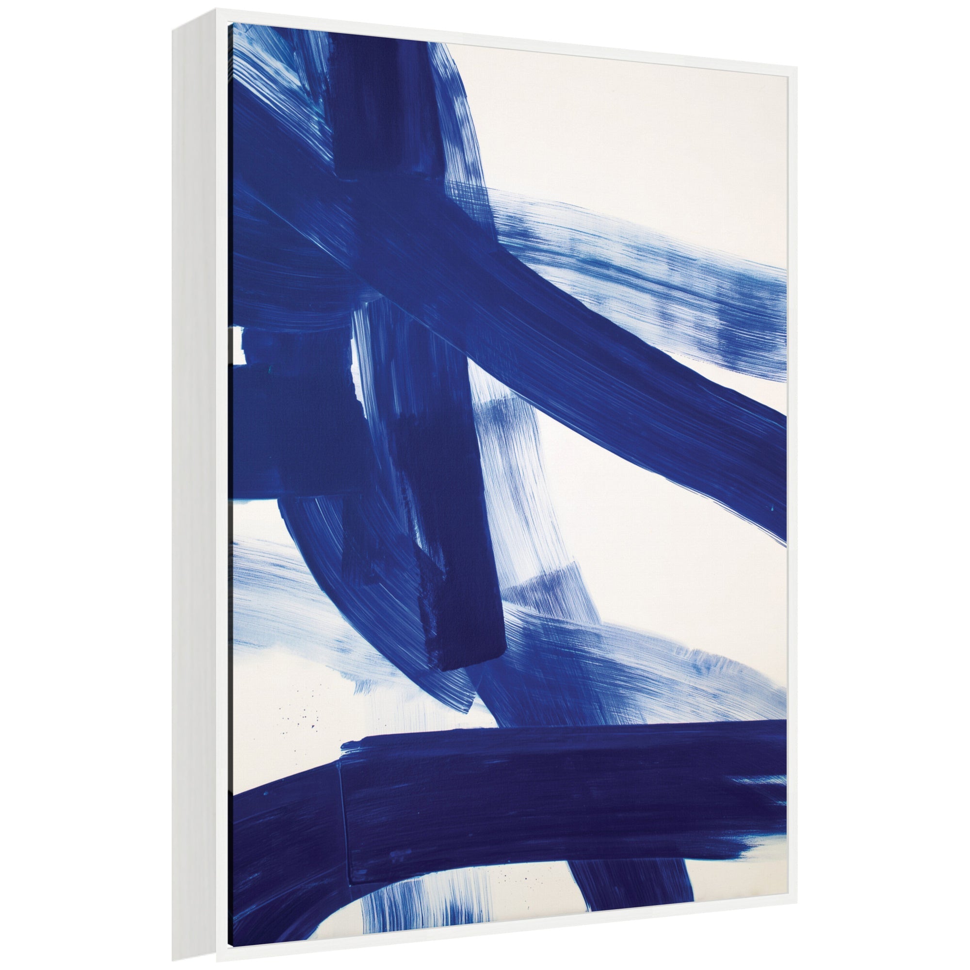 Framed canvas wall art titled Cobalt Mark No.
1 by Amy Lighthall, featuring geometric cobalt blue forms, in a Sylvie white frame