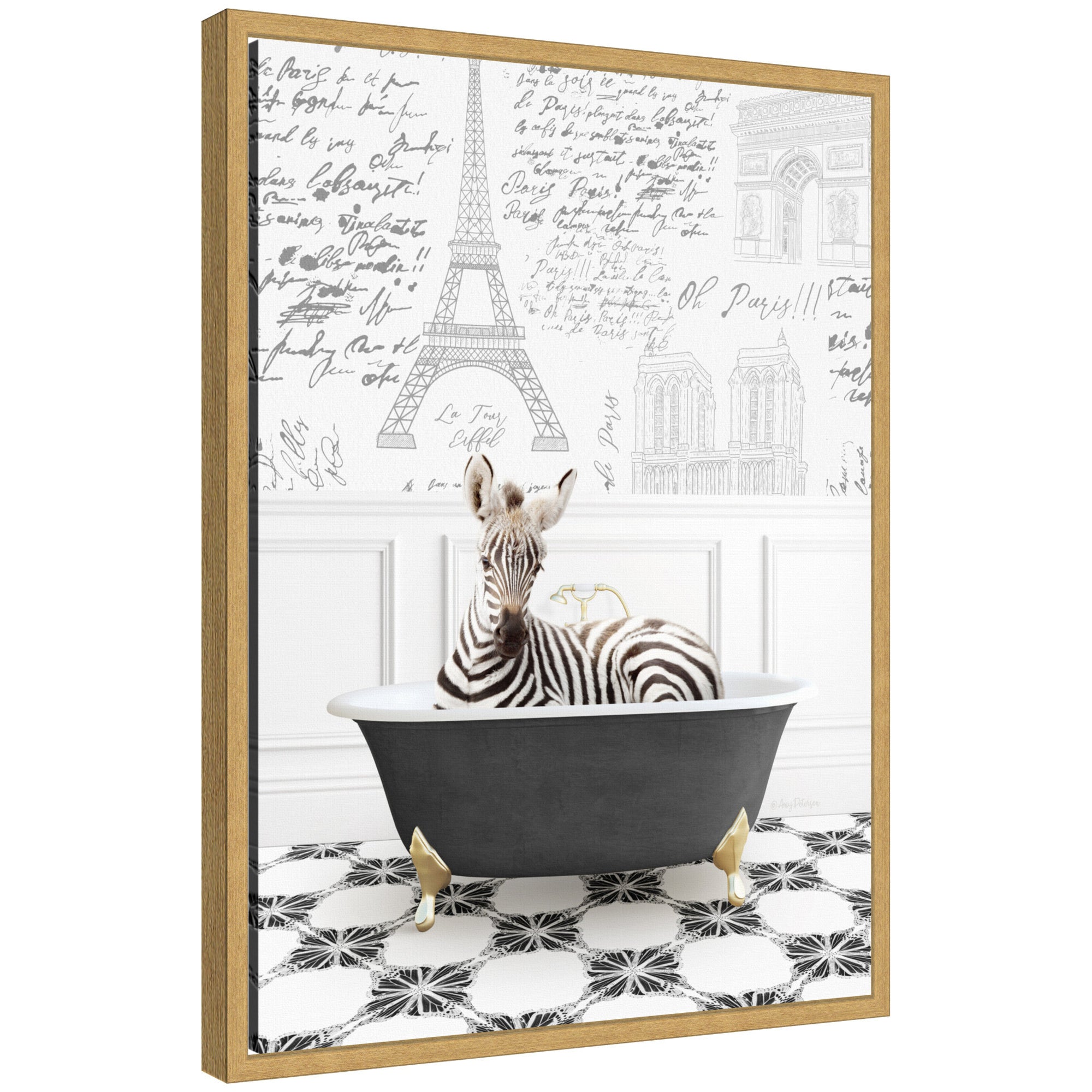 Framed floating canvas art of Sylvie Baby Zebra in Paris bathtub printed by Amy Peterson