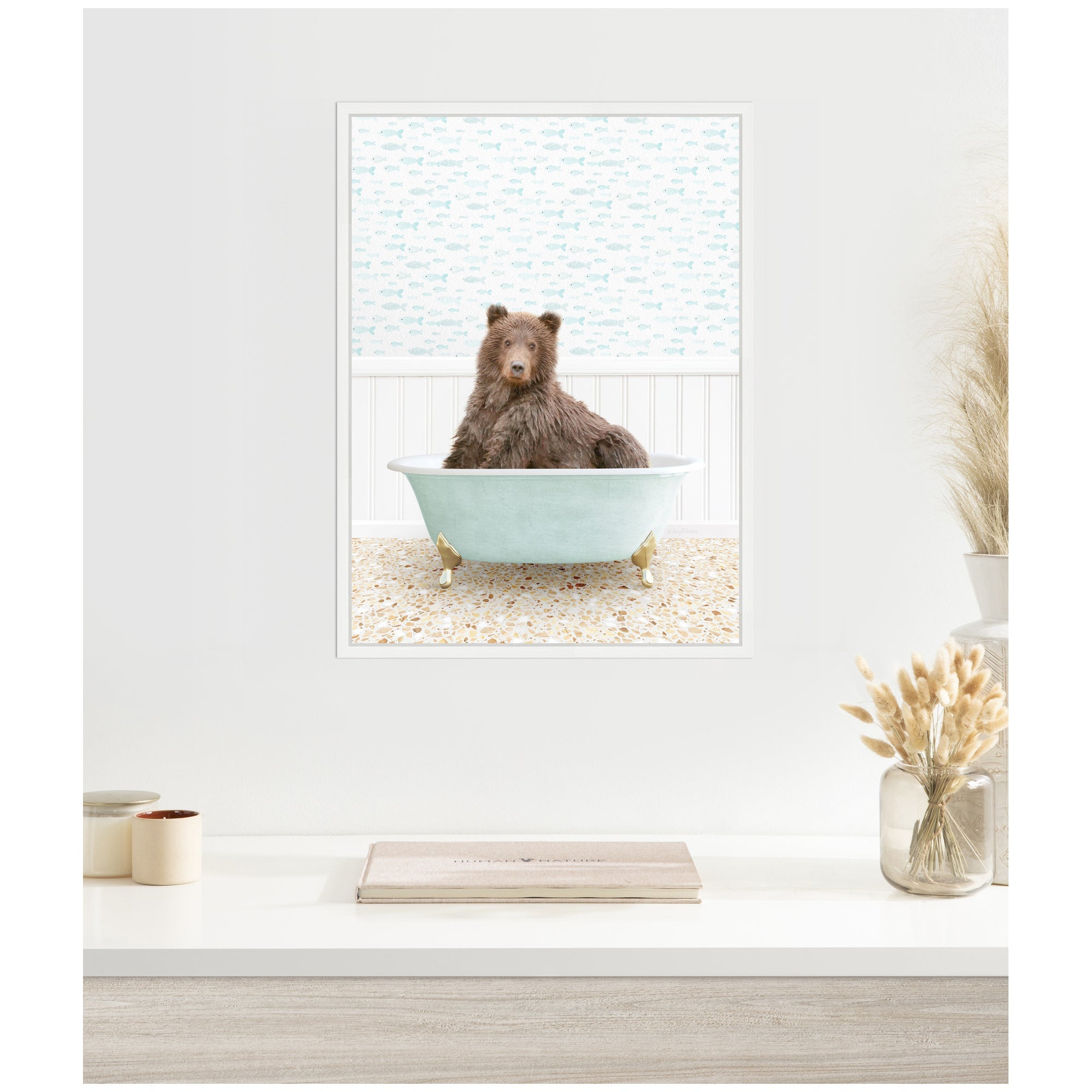 Sylvie Bear in Little Fish Bathtub Framed Canvas by Amy Peterson