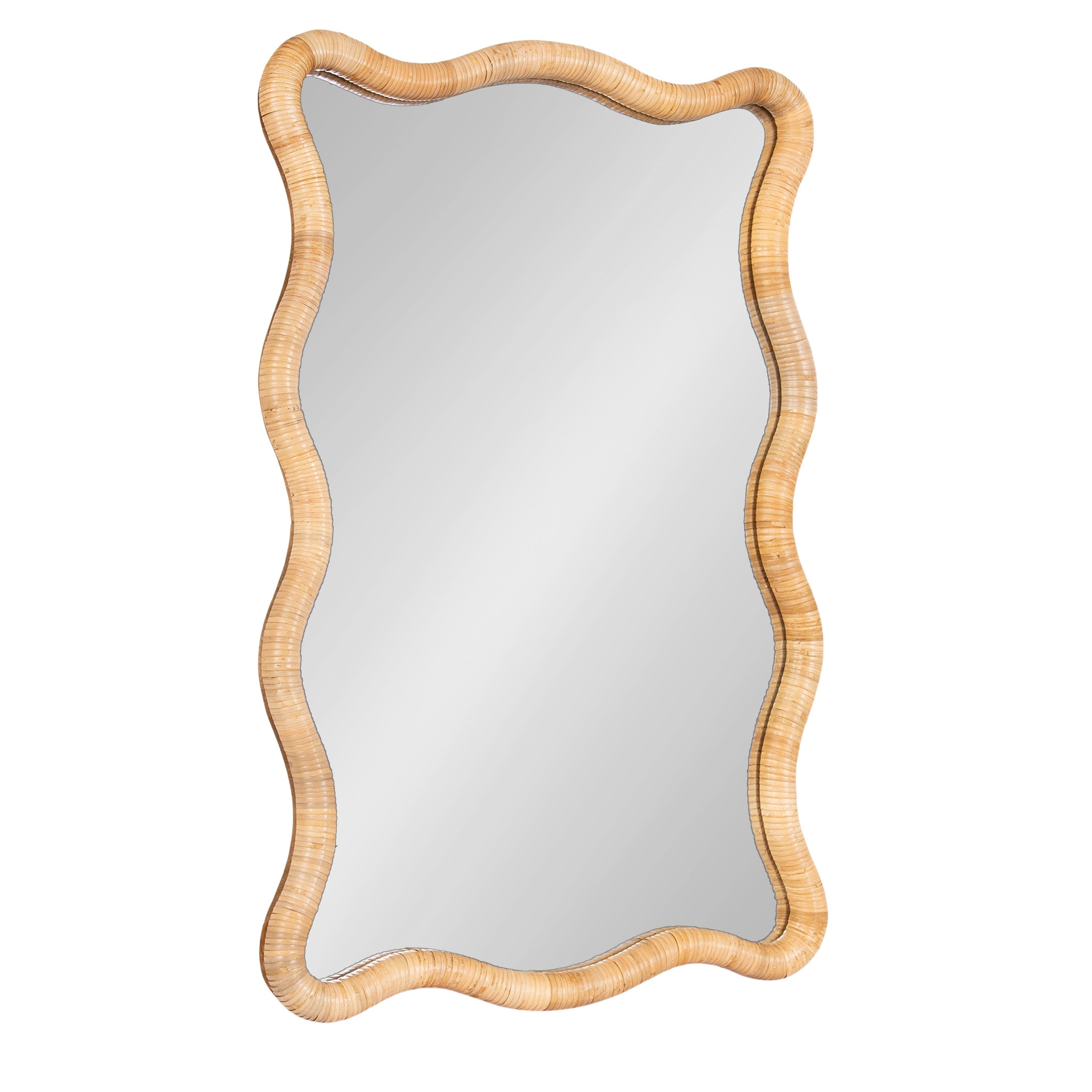 Rahfy Rattan Rectangle Scallop Mirror with natural woven rattan frame hanging on a white wall