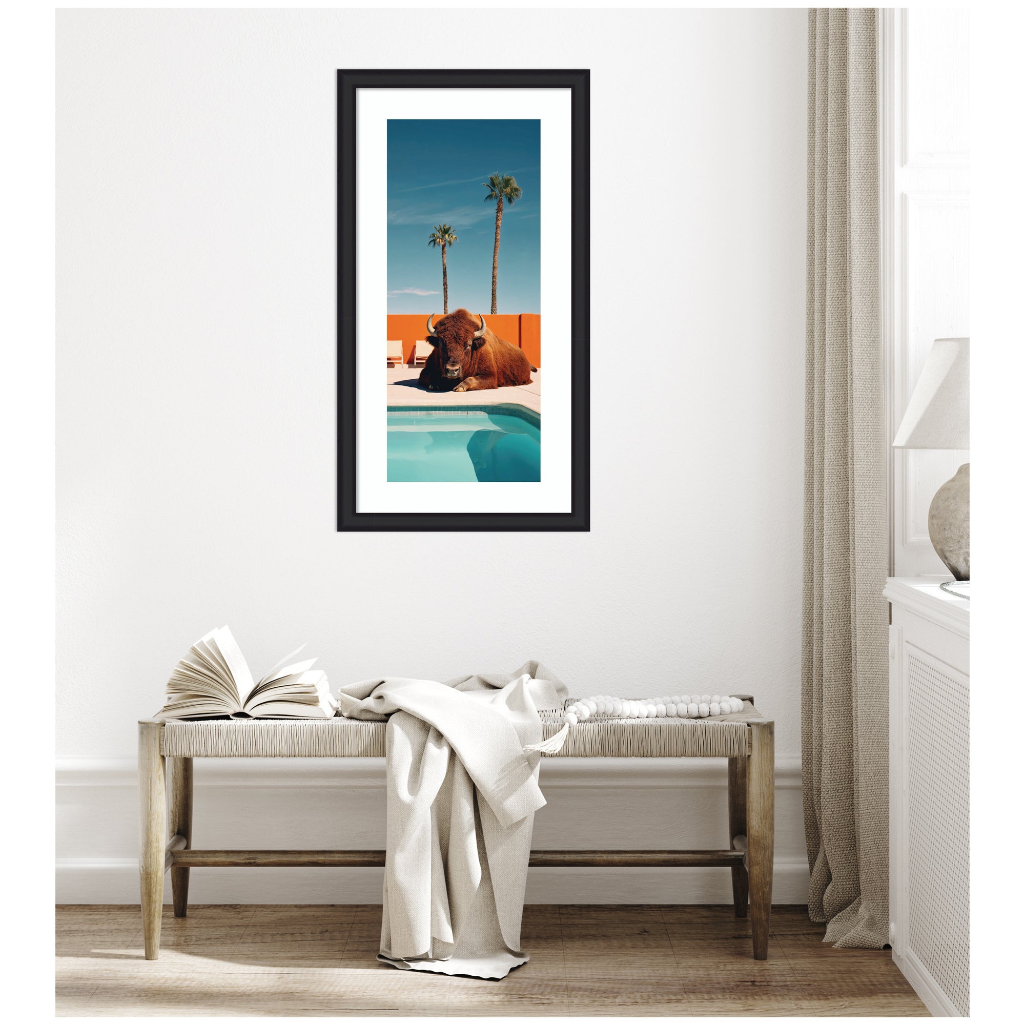 Framed Art Bison Chilling by the Pool in California by Michael Schauer