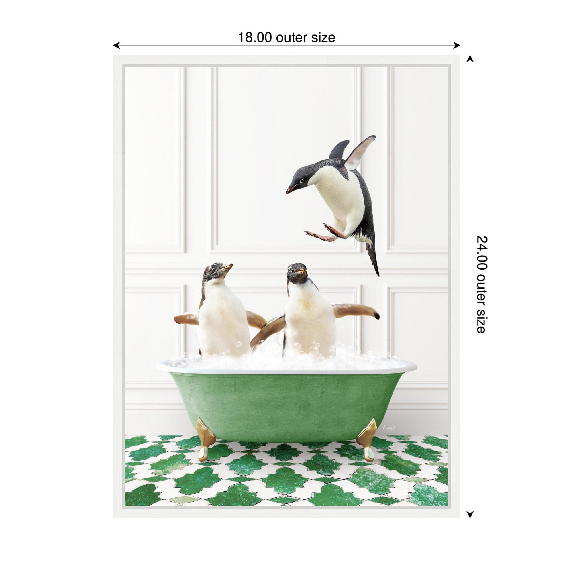 Sylvie Penguins in Eclectic Green Panel Wall Bathtub Framed Canvas by Amy Peterson