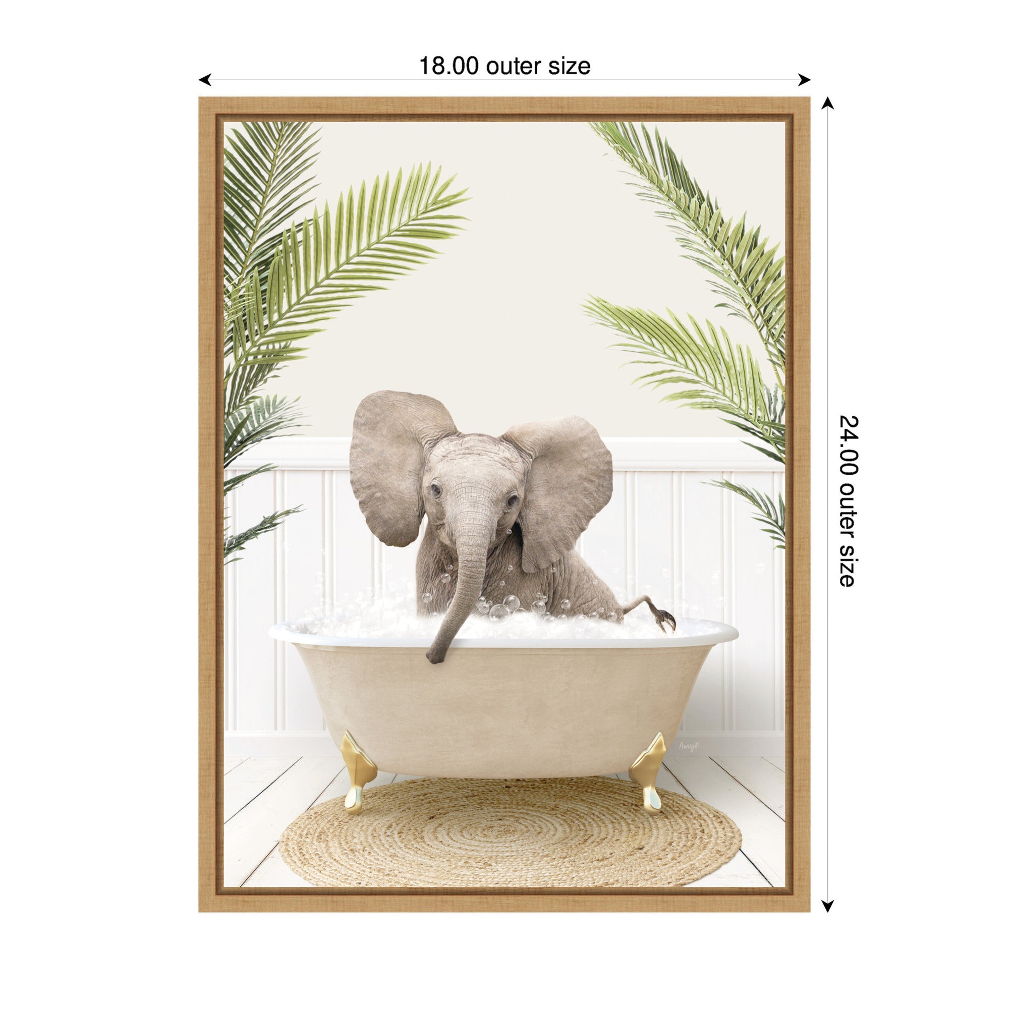 Sylvie Baby Elephant 3 in Palms Bathtub Framed Canvas by Amy Peterson