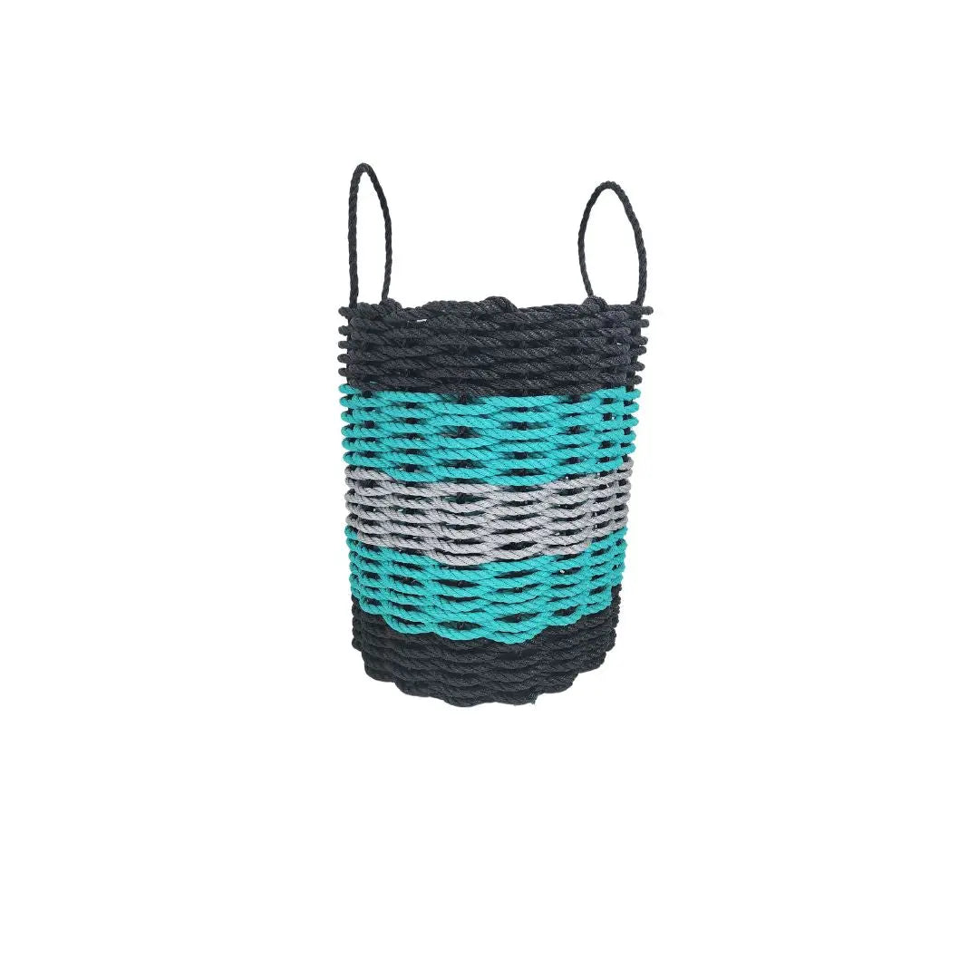 Five Stripe Rope Storage Basket in Black, Teal, and Gray, shown in multiple sizes