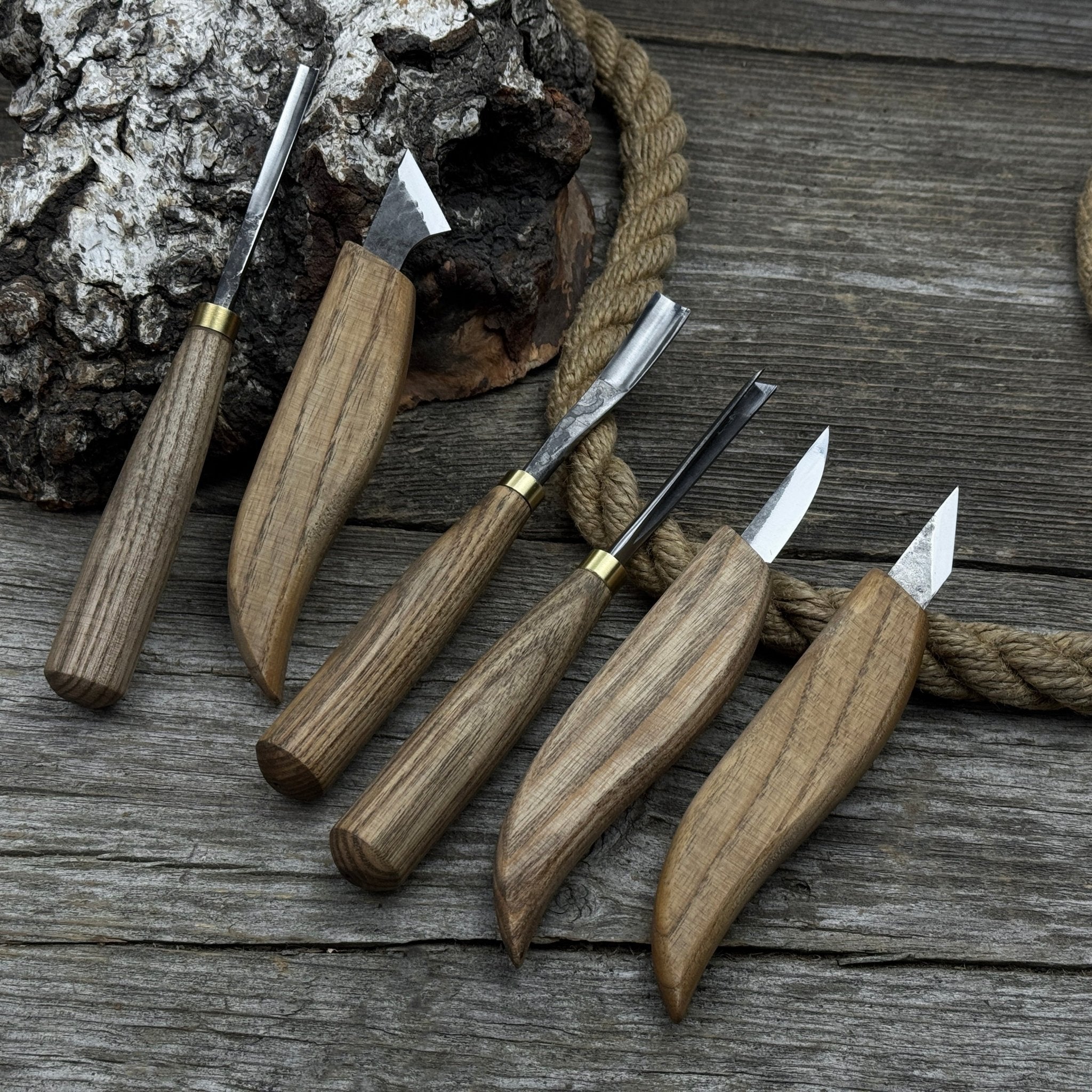 6-piece wood carving knife, chisel, and gouge set with ash wood handles and forged steel blades