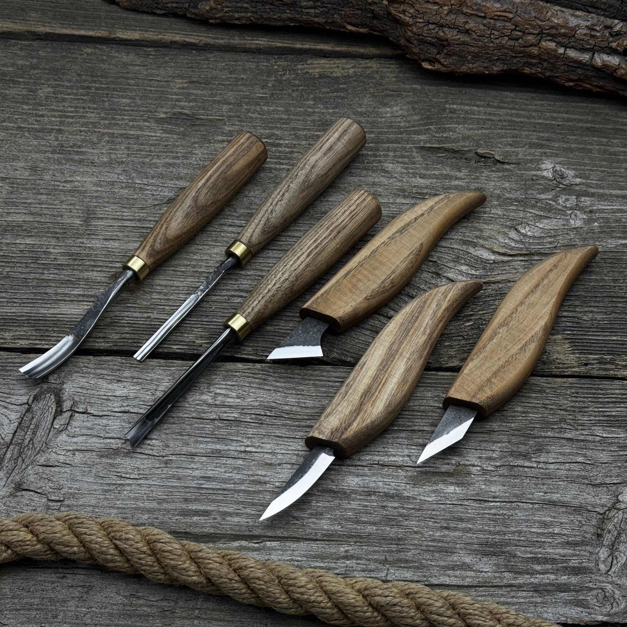 6-piece wood carving knife, chisel, and gouge set with ash wood handles and forged steel blades