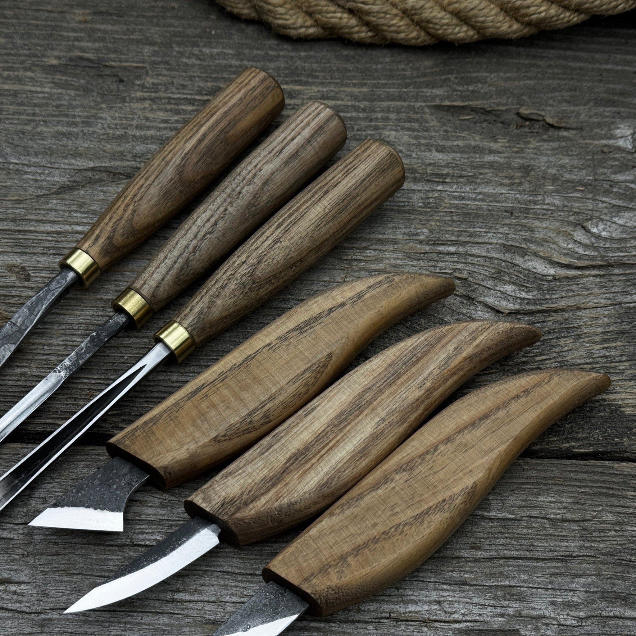 6-piece wood carving knife, chisel, and gouge set with ash wood handles and forged steel blades