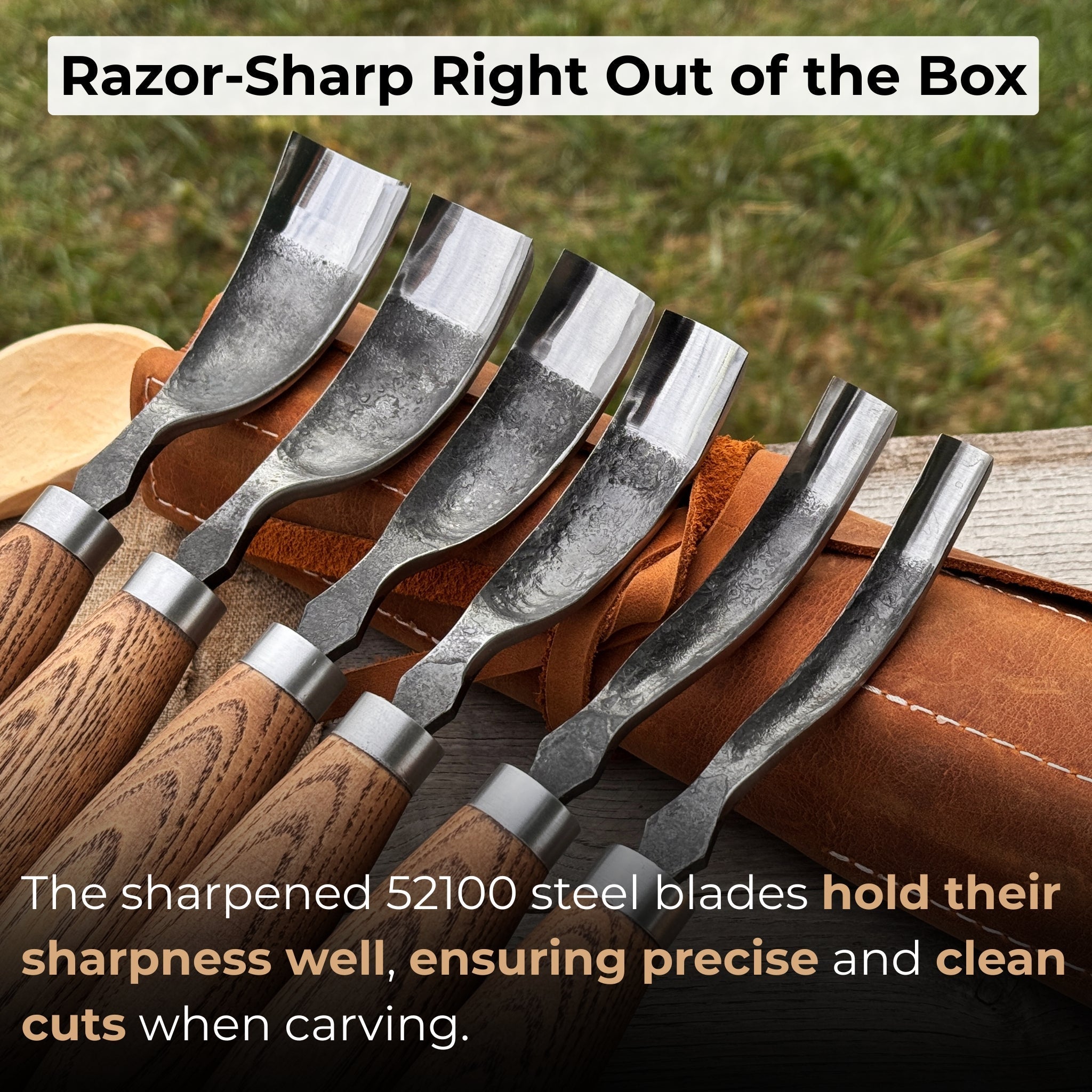 6-Piece Long Bent Gouge Set with hand-forged carbon steel blades and ash wood handles