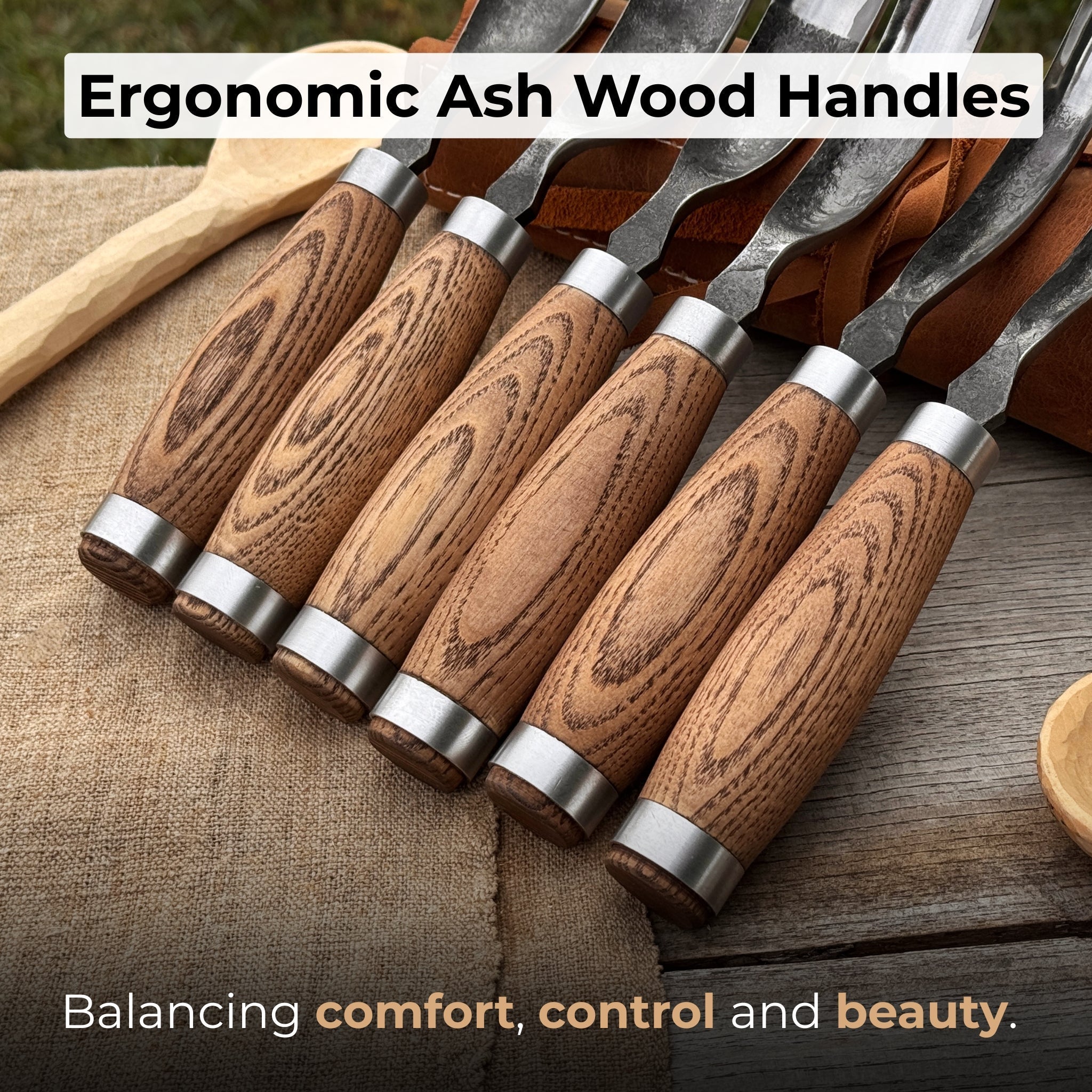 6-Piece Long Bent Gouge Set with hand-forged carbon steel blades and ash wood handles