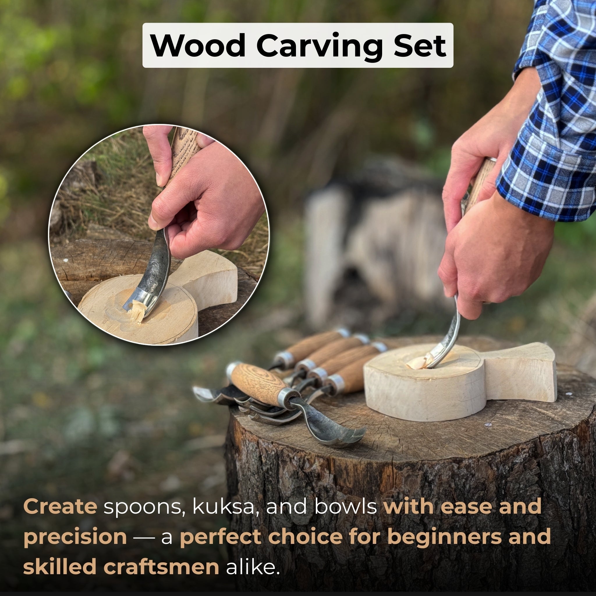 6-Piece Long Bent Gouge Set with hand-forged carbon steel blades and ash wood handles