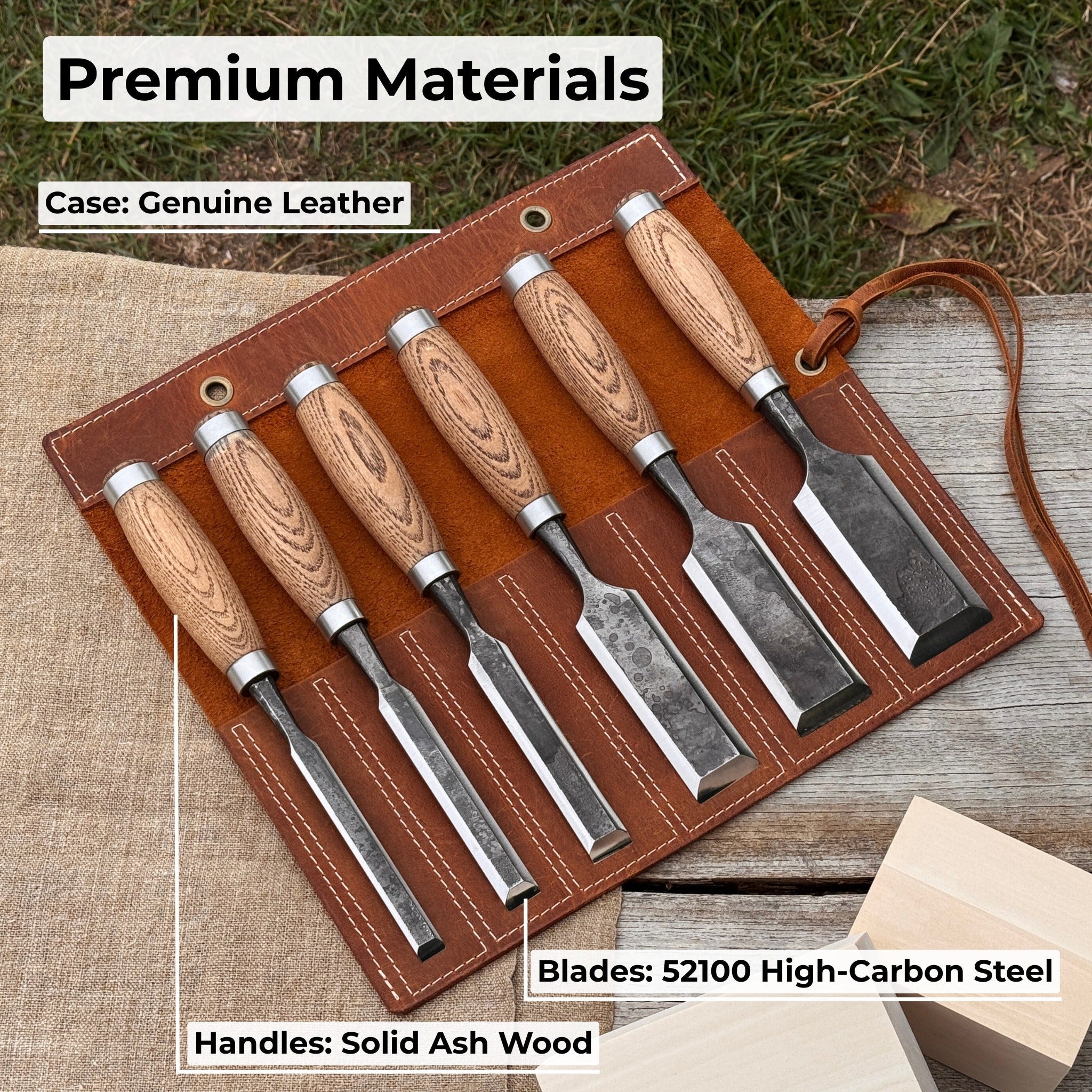 6-piece wood carving chisel set with ash handles and leather roll