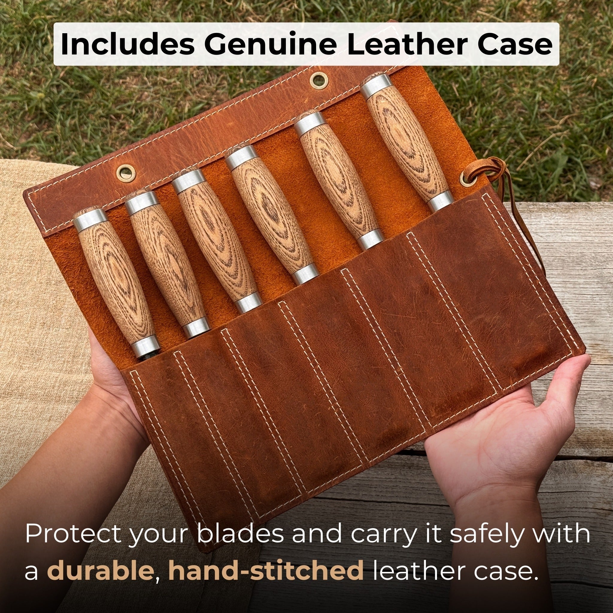 6-piece wood carving chisel set with ash handles and leather roll