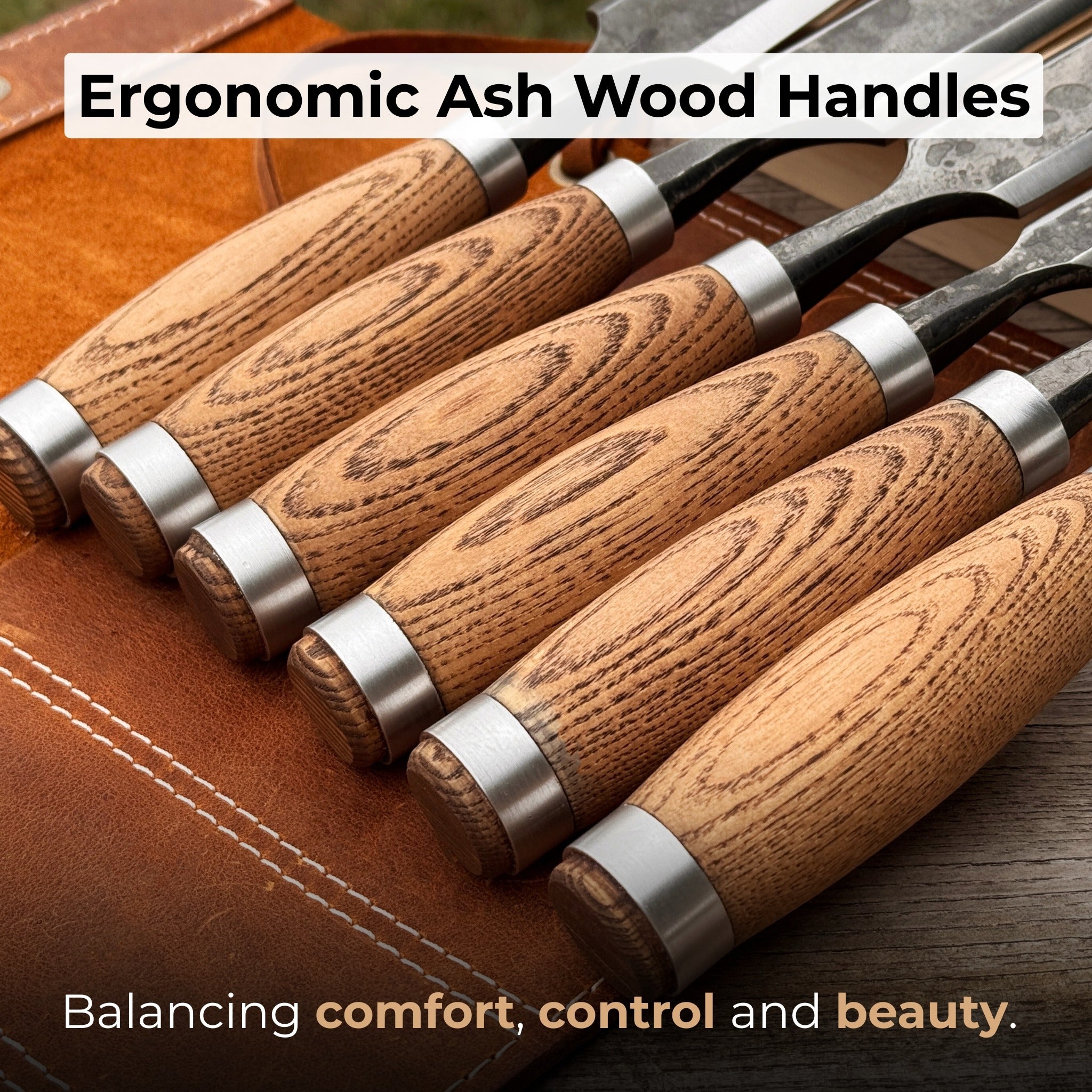 6-piece wood carving chisel set with ash handles and leather roll