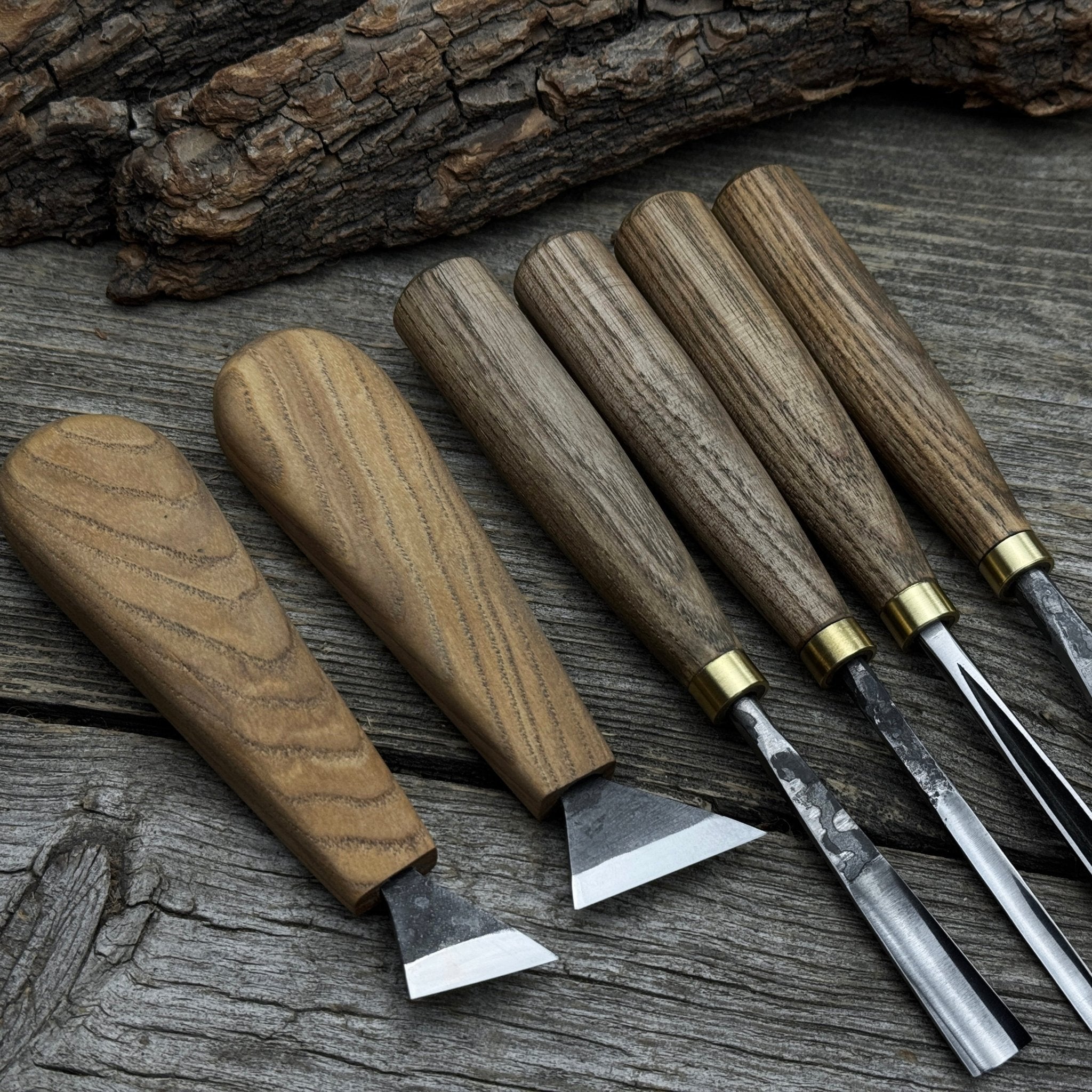 6-piece wood carving tool set including knives, gouges, and chisels with wooden handles