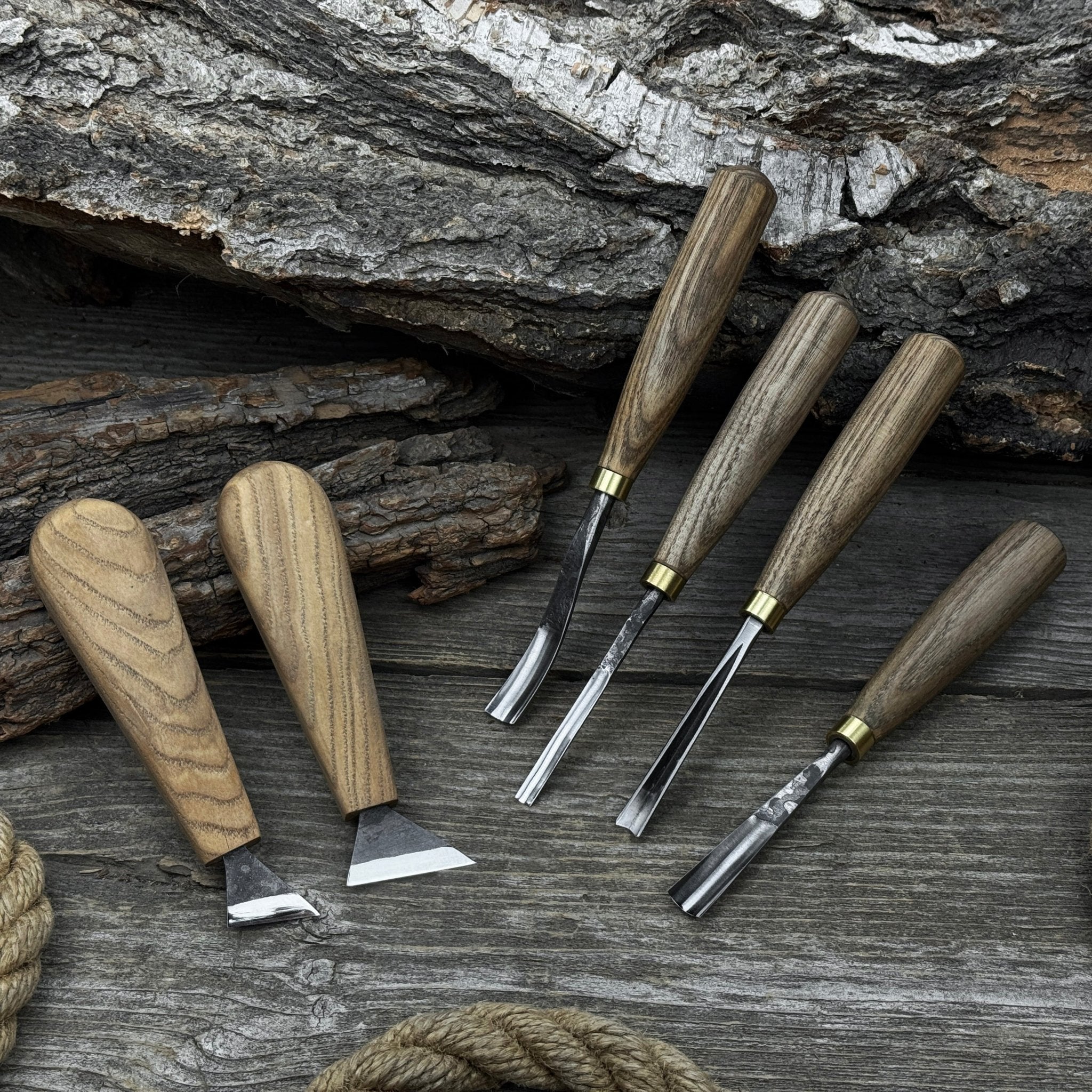6-piece wood carving tool set including knives, gouges, and chisels with wooden handles