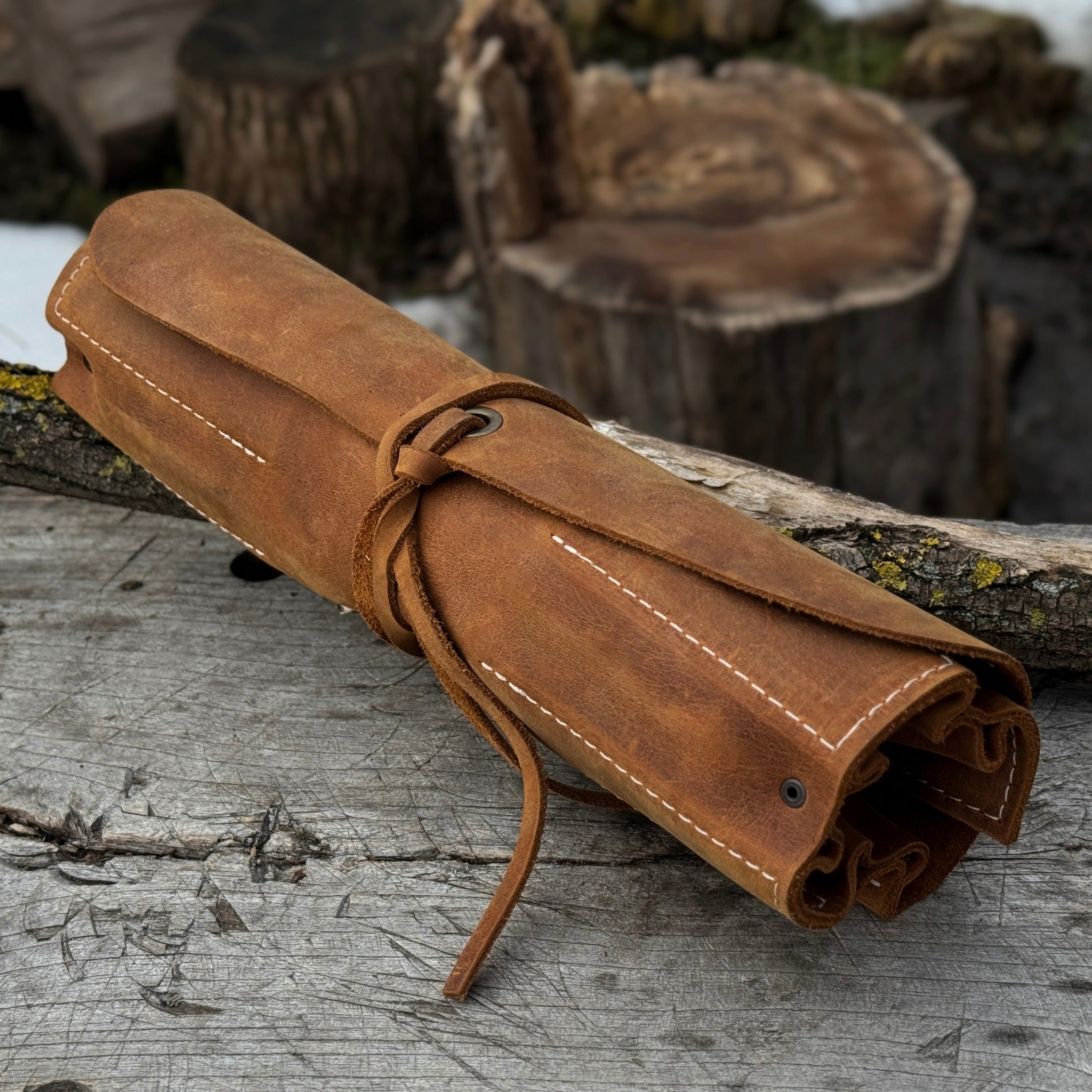 Handmade 6 Pocket Leather Tool Roll by Sharky Forged Steel Tools showing rustic leather and six tool pockets