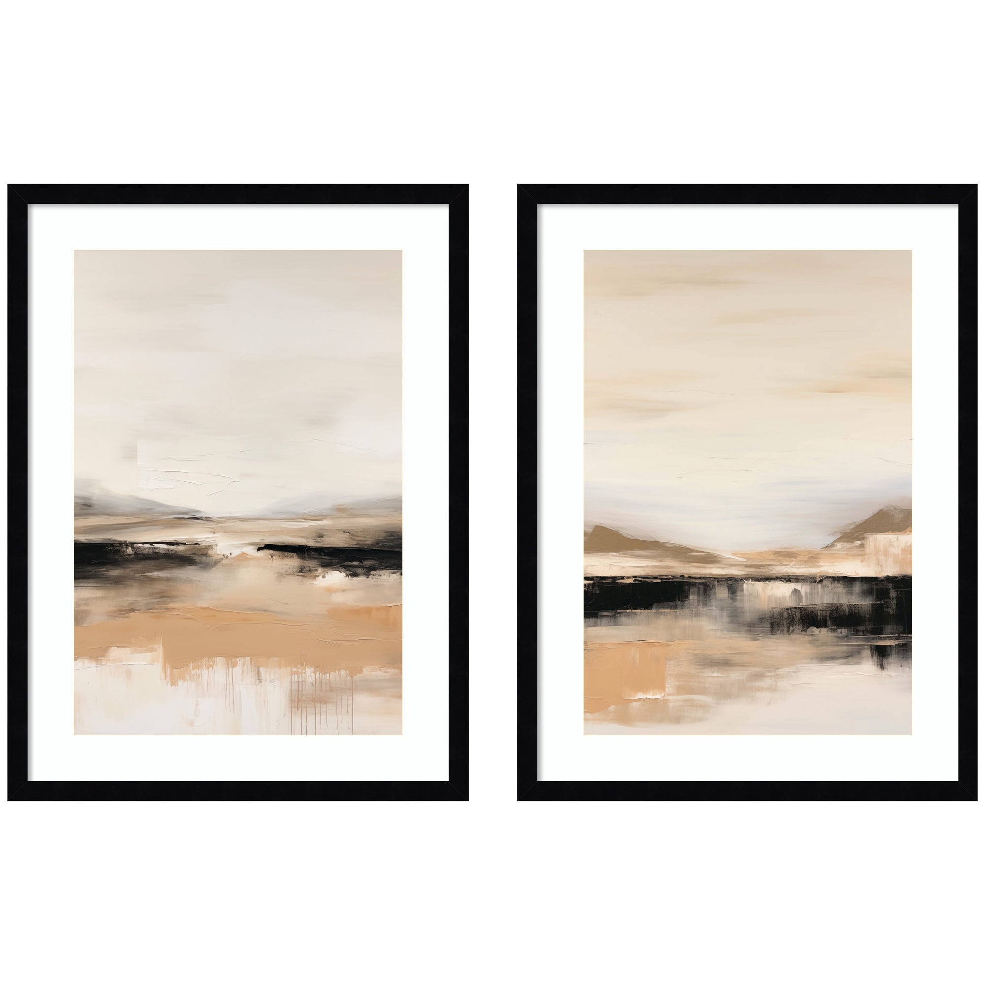Peaceful Landscape No.
1 & No.
2 framed wall art prints by Amy Lighthall, shown in svelte noir black frames