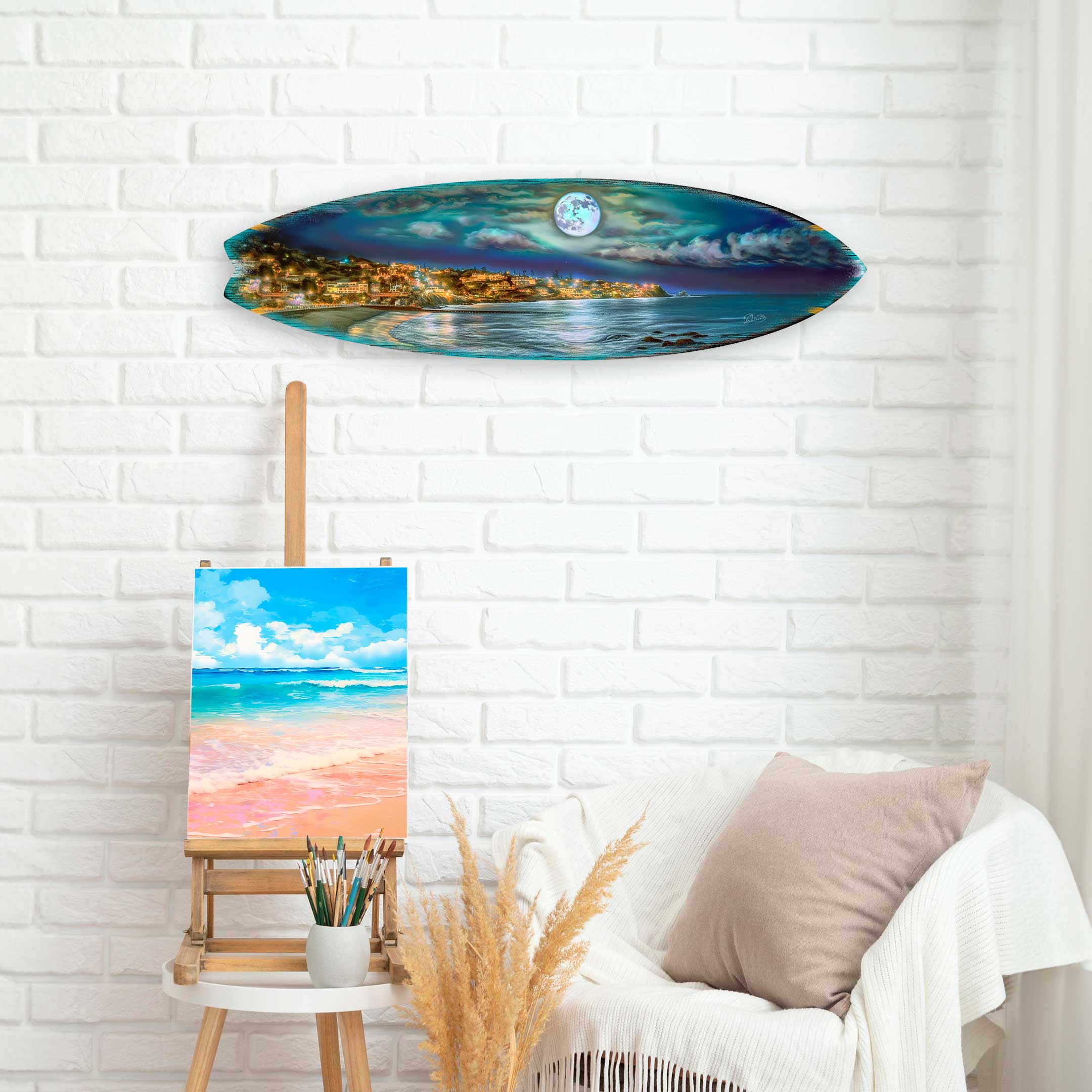 Surfboard Coastal Wall Art - Full Moon Night Wall Art by G. DeBrekht