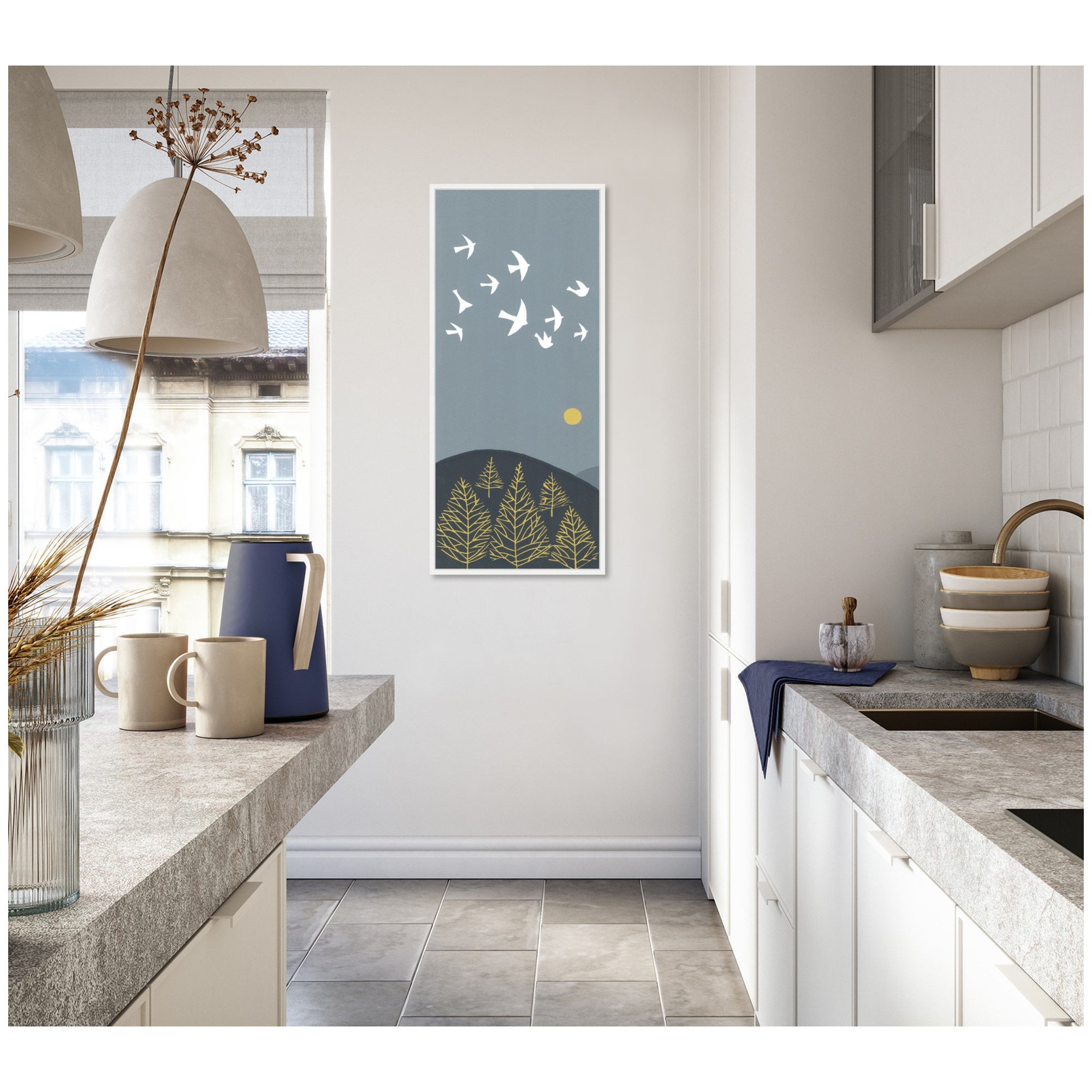 Sylvie Hilltop Flight Linocut Bird Framed Canvas by Giuliana Lazzerini