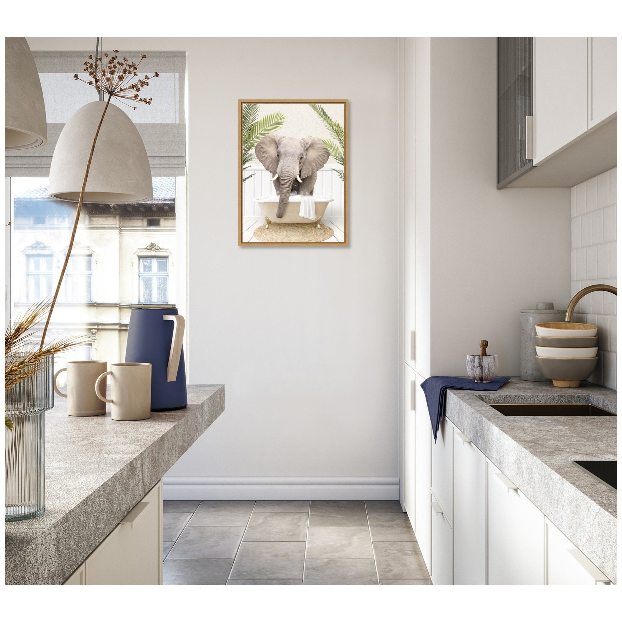 Sylvie Elephant Front Palm Bathtub Framed Canvas by Amy Peterson